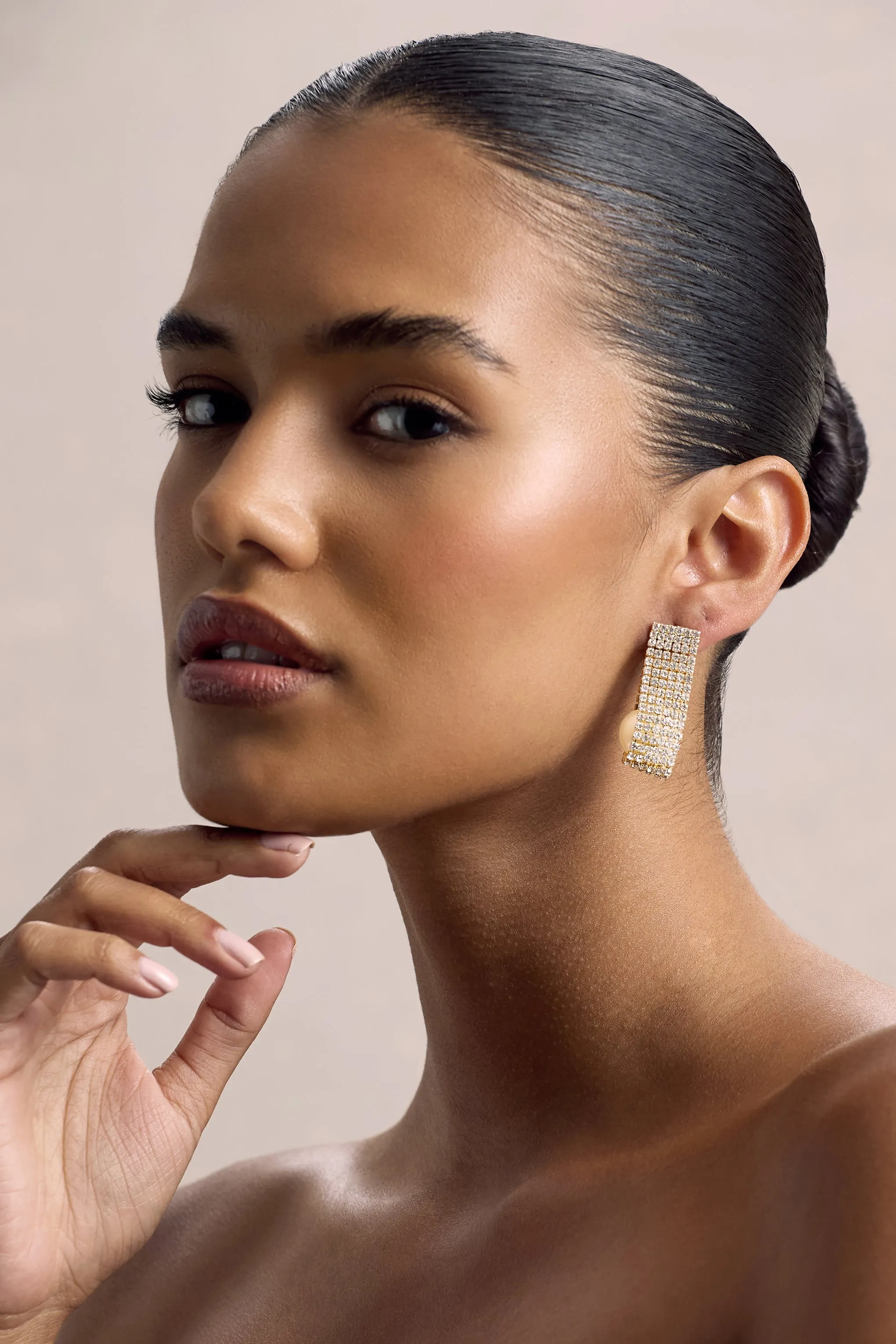 Lumen | Gold Diamante Pearl Statement Earrings Club L London