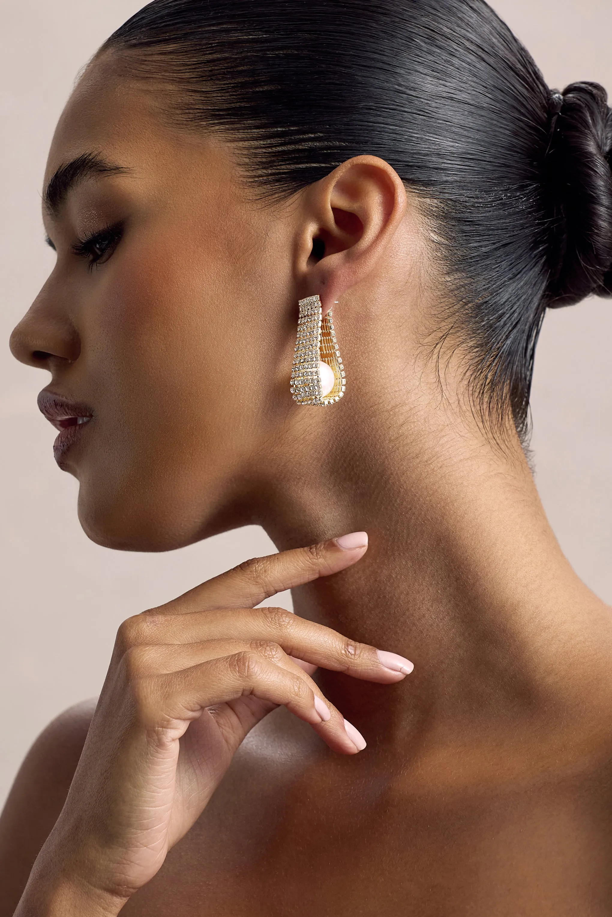 Lumen | Gold Diamante Pearl Statement Earrings Club L London