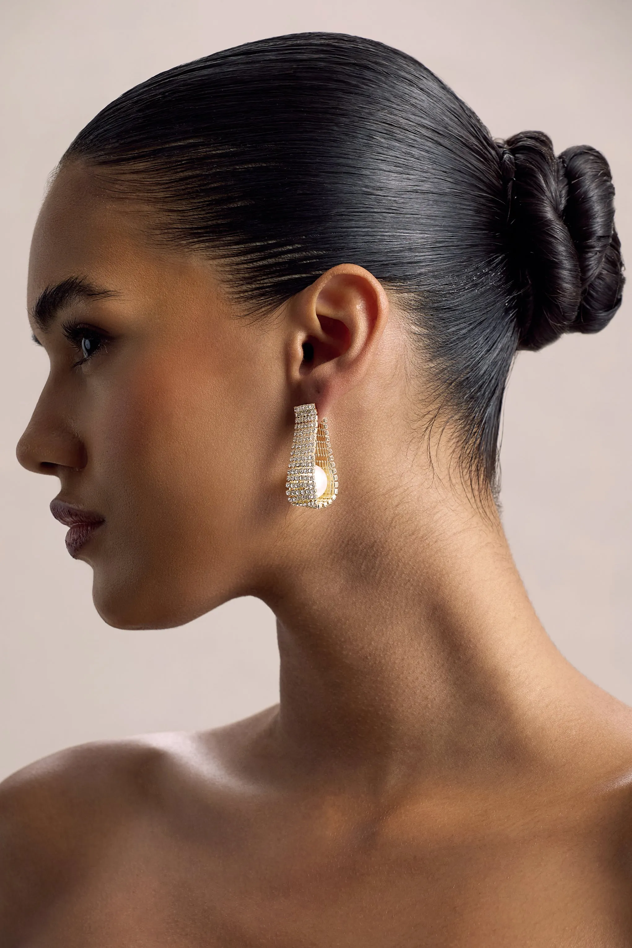 Lumen | Gold Diamante Pearl Statement Earrings Club L London