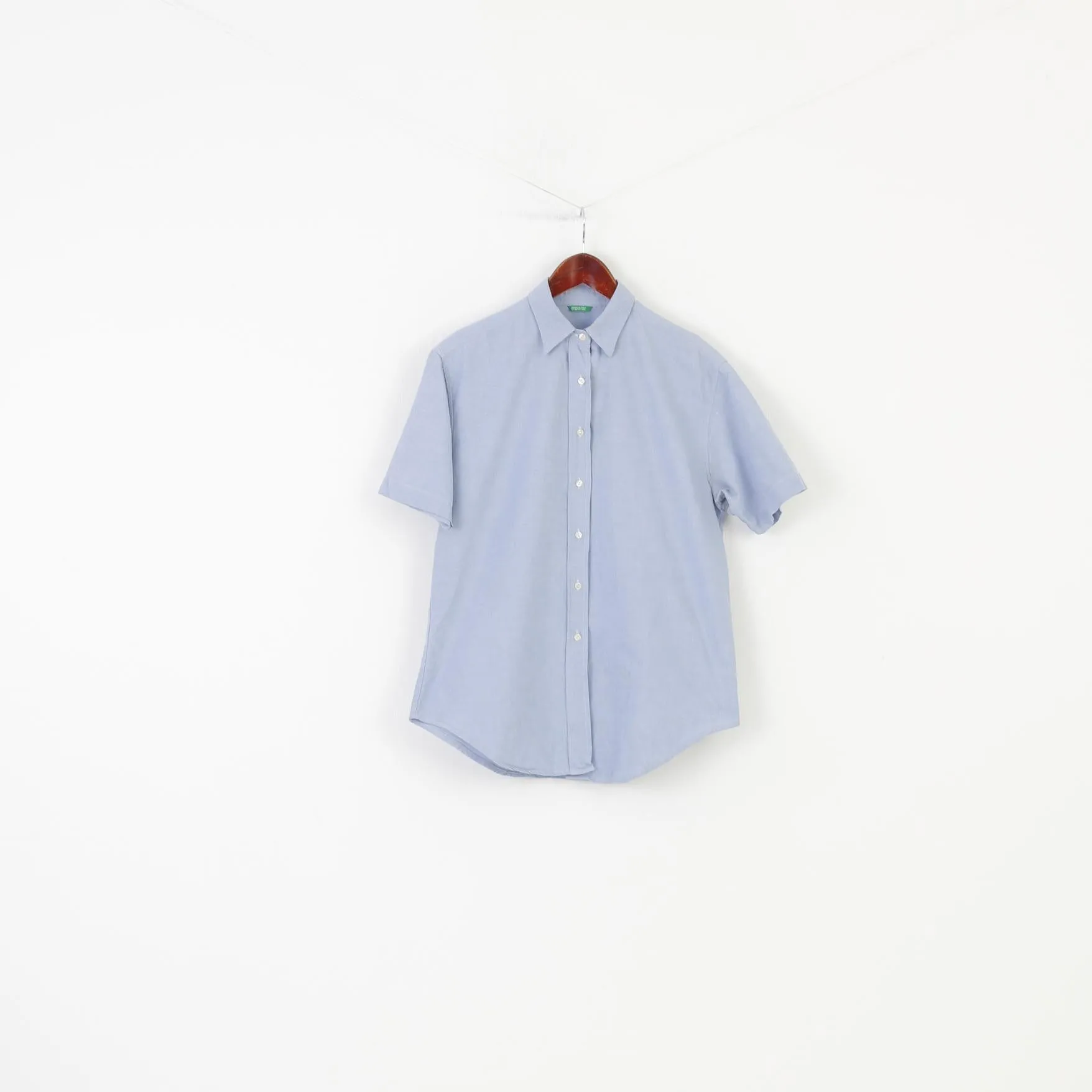 Made in Italy of Benetton Men 44 S Casual Shirt Blue short Sleeve Cotton Elegant Top