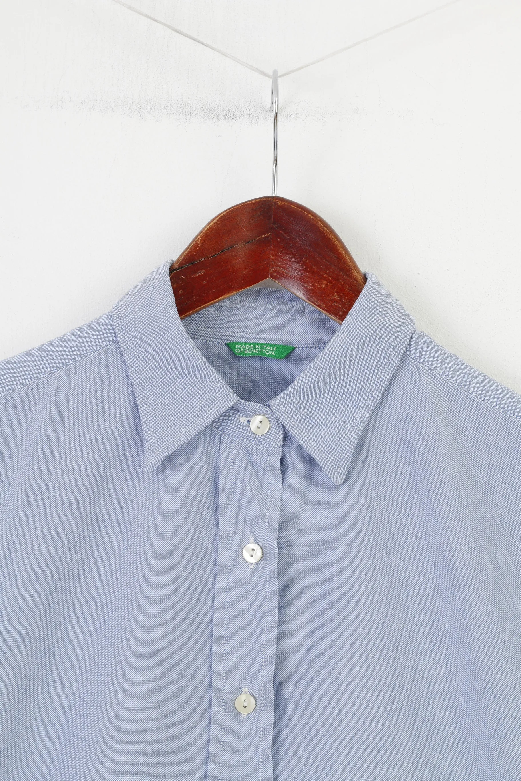 Made in Italy of Benetton Men 44 S Casual Shirt Blue short Sleeve Cotton Elegant Top
