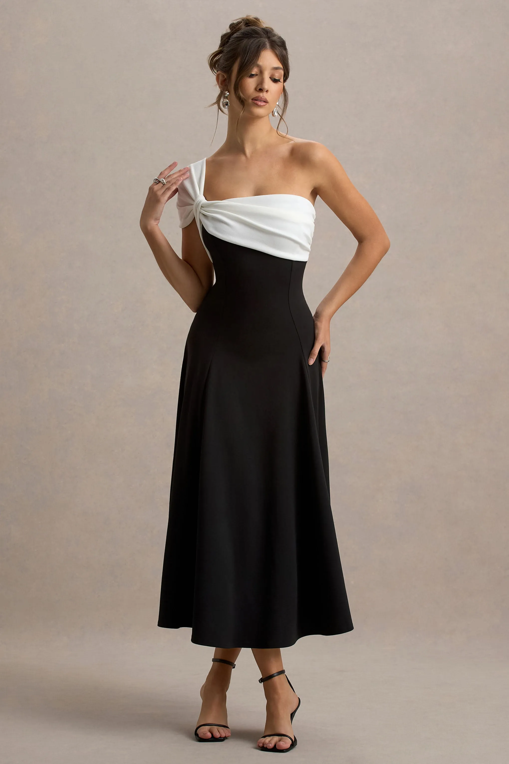 Malta | Black & White One-Shoulder Midi Dress Club L London