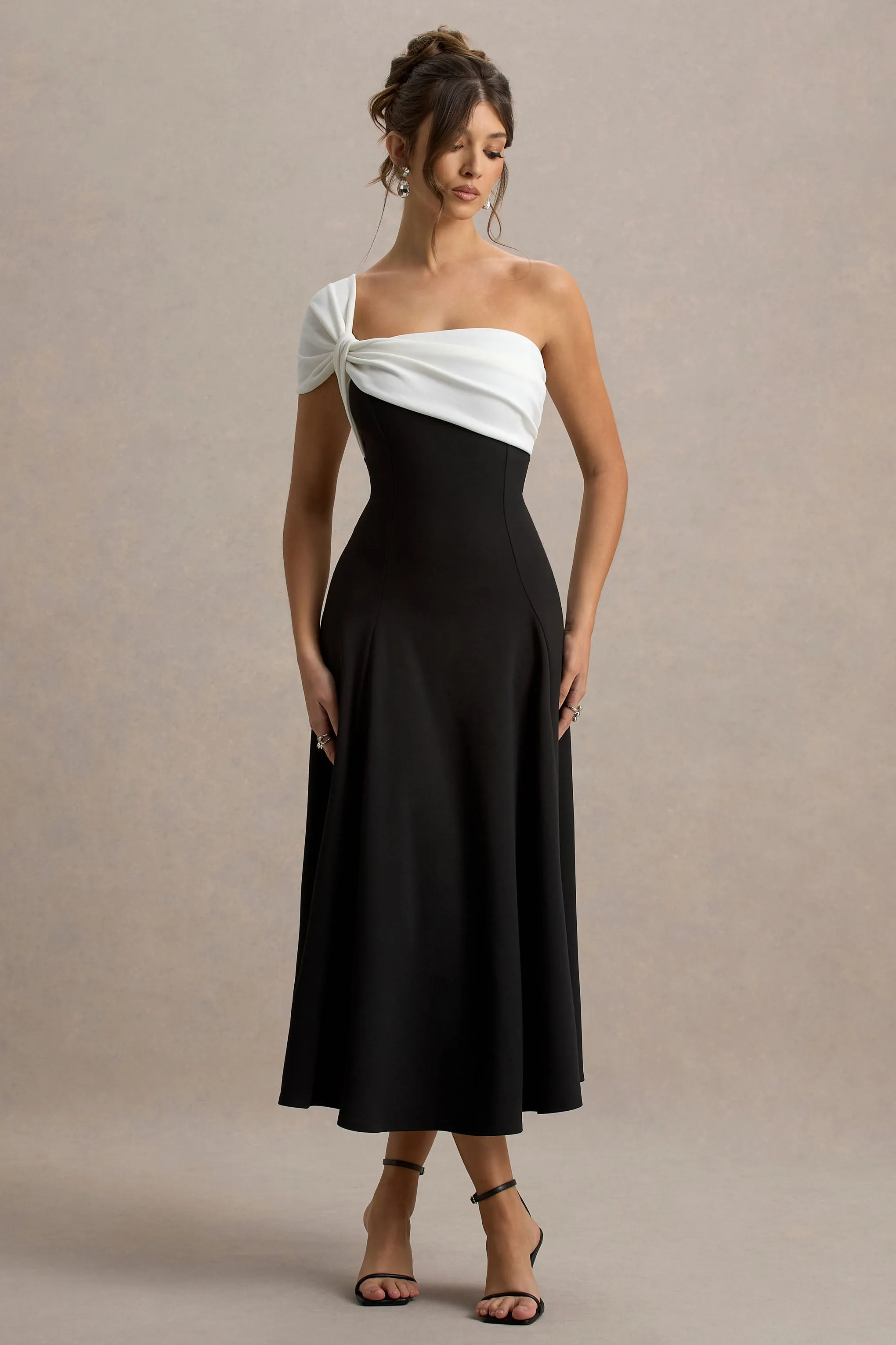Malta | Black & White One-Shoulder Midi Dress Club L London