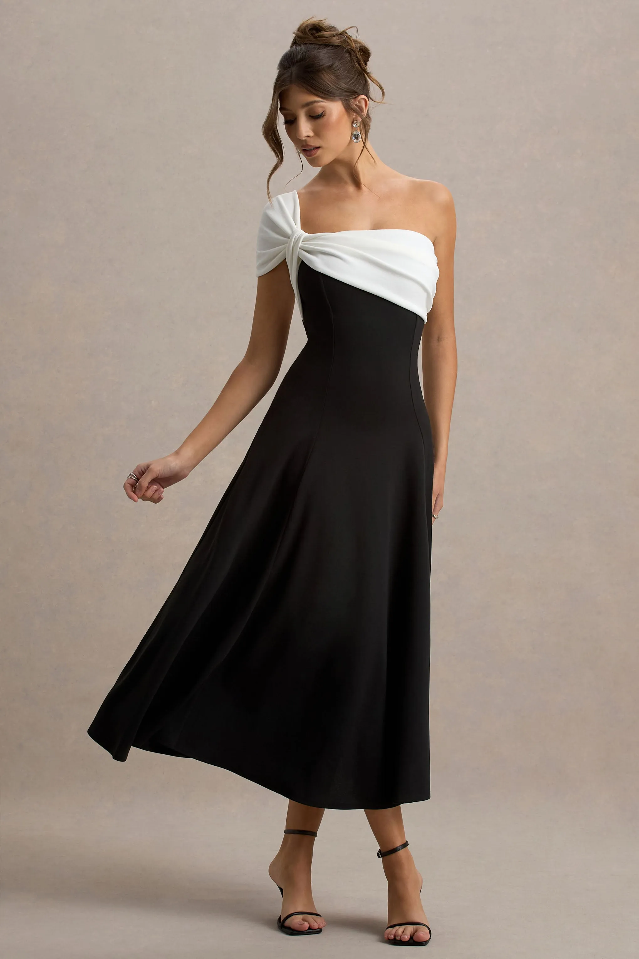 Malta | Black & White One-Shoulder Midi Dress Club L London