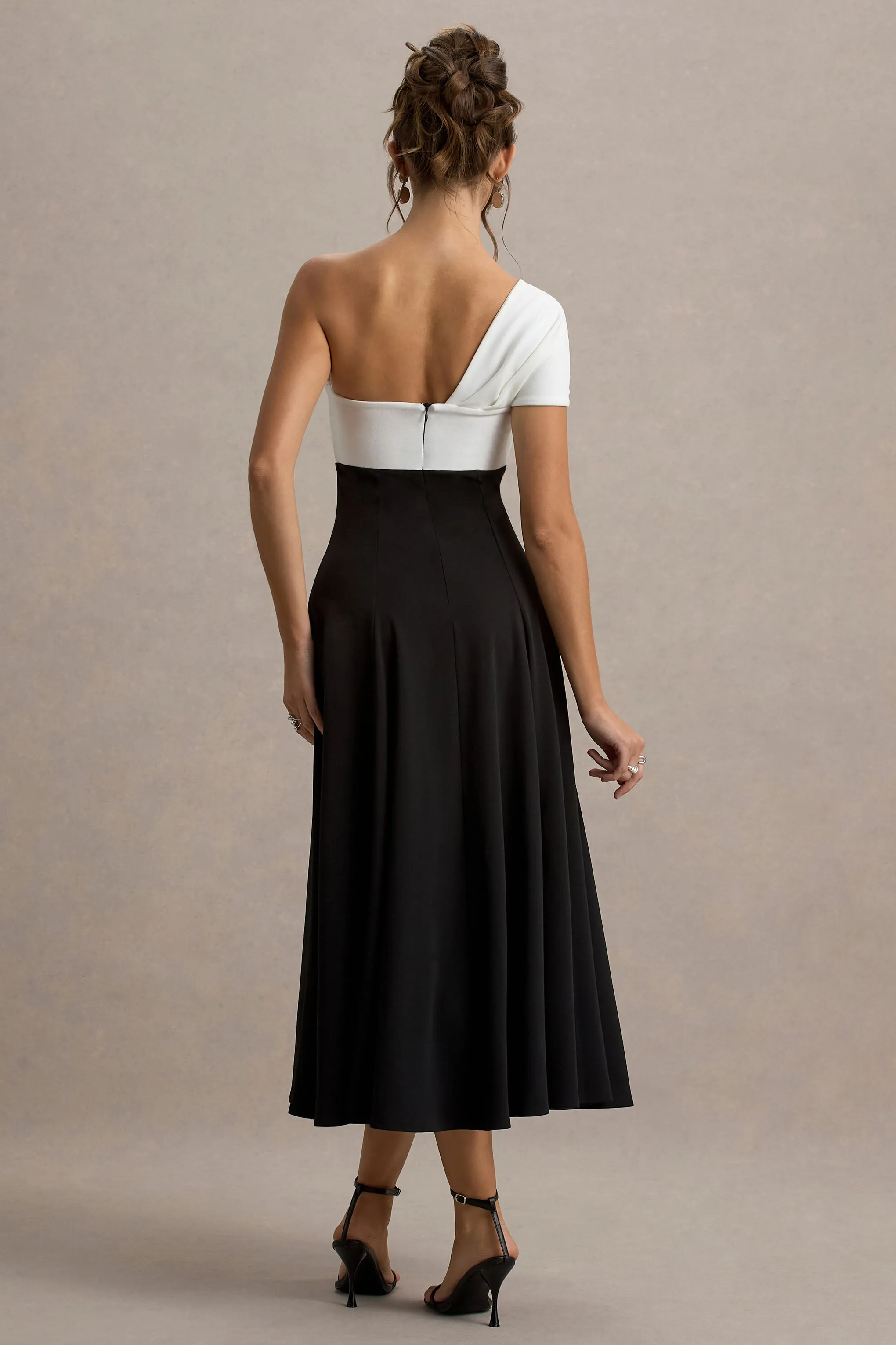 Malta | Black & White One-Shoulder Midi Dress Club L London