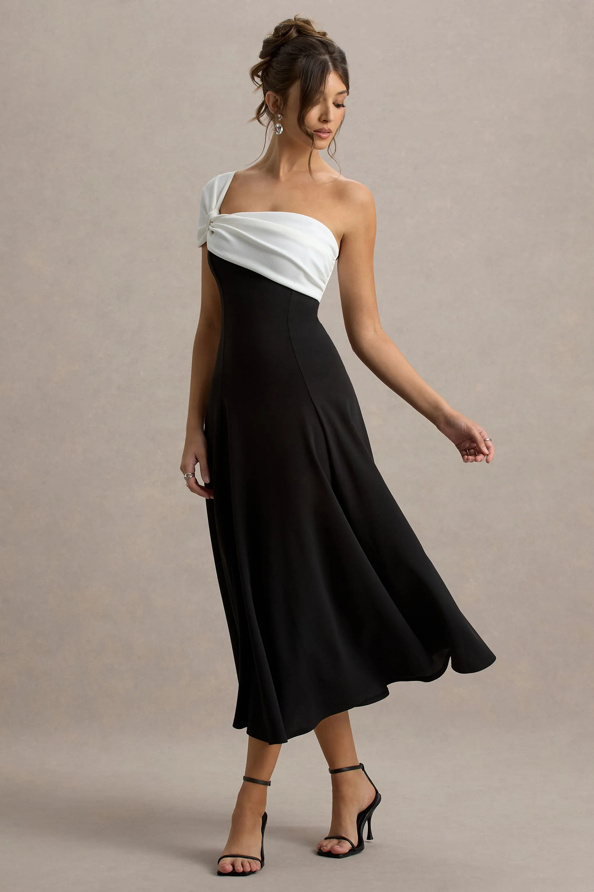 Malta | Black & White One-Shoulder Midi Dress Club L London