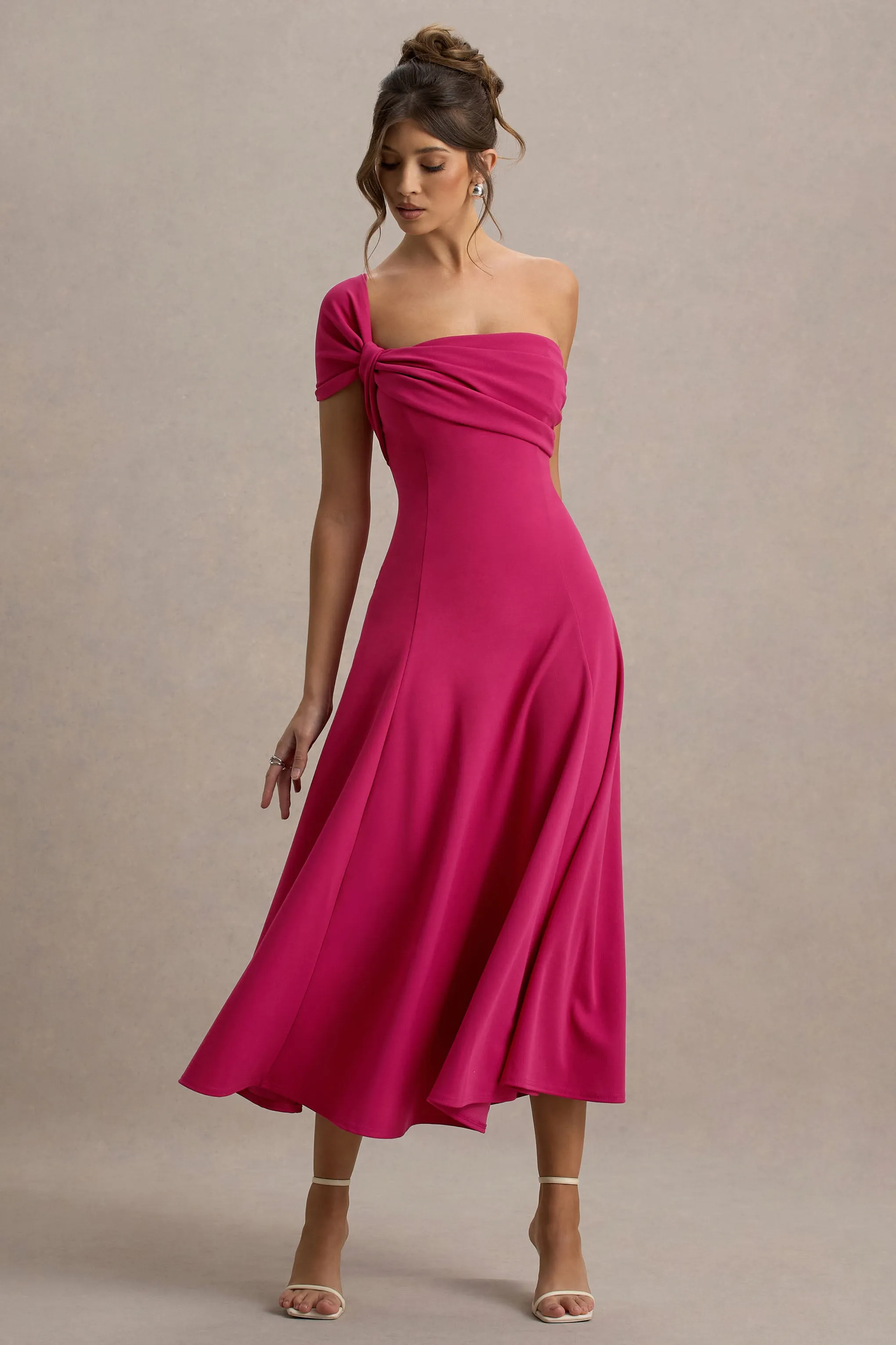 Malta | Hot Pink One-Shoulder Midi Dress Club L London