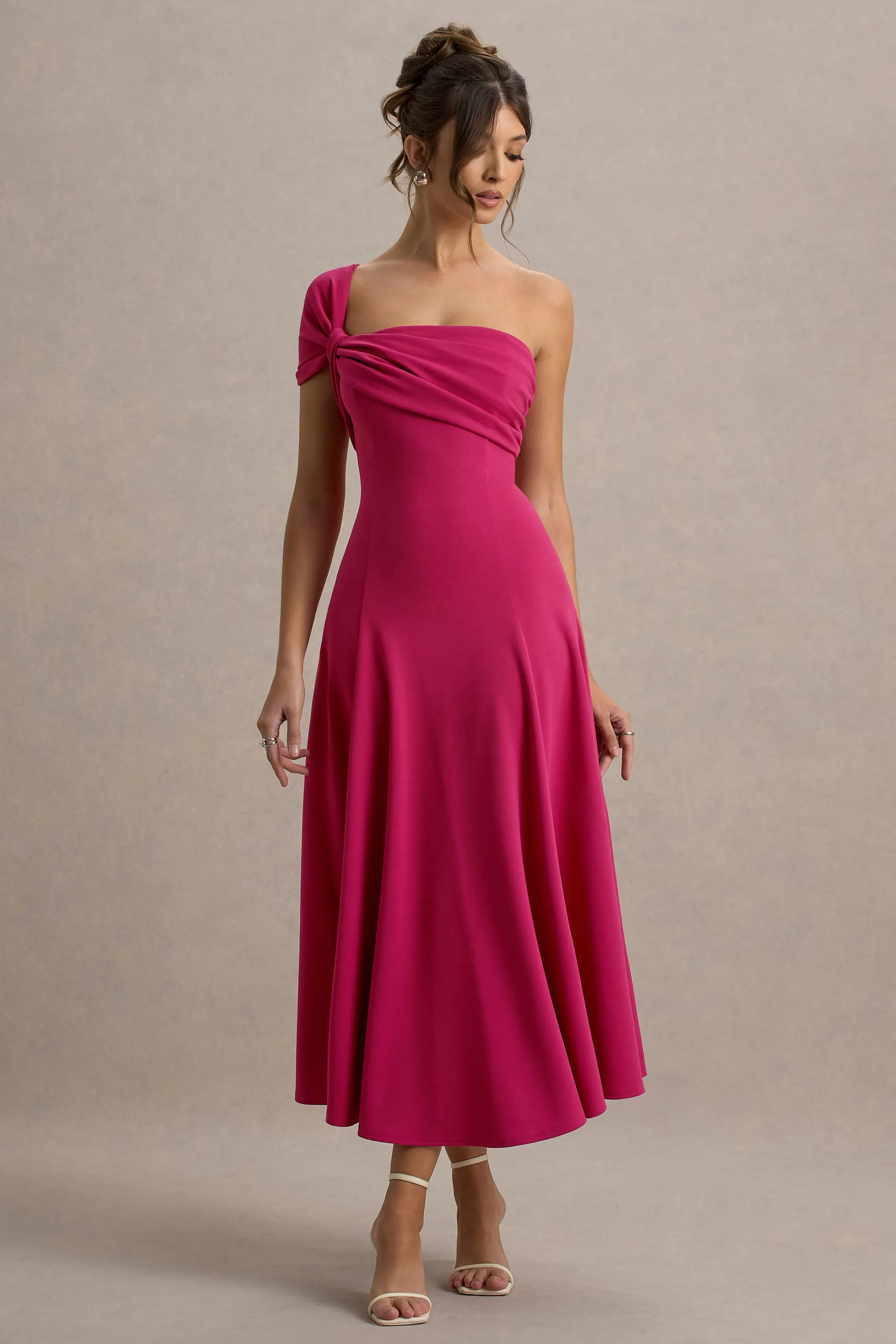 Malta | Hot Pink One-Shoulder Midi Dress Club L London