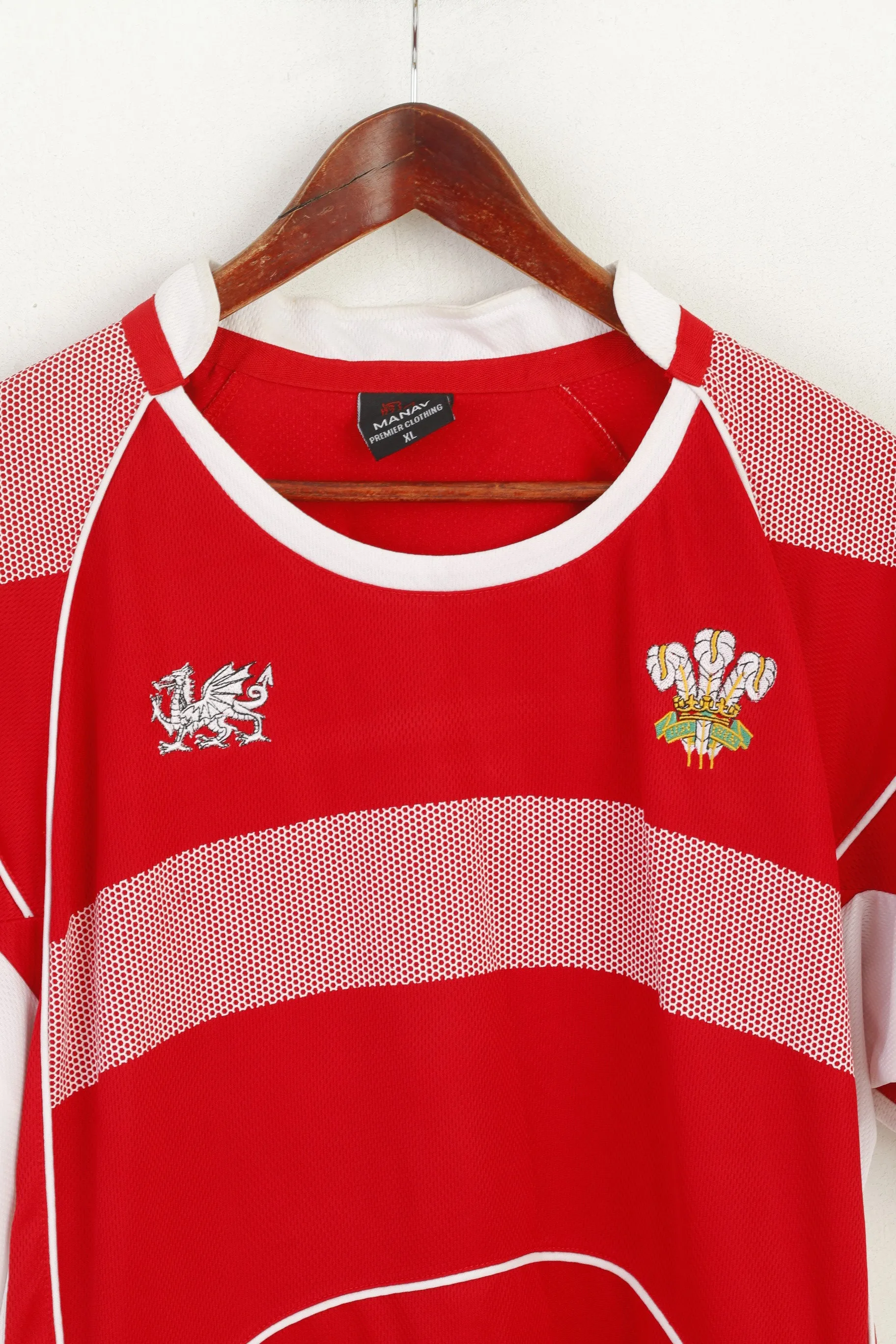 Manav Men XL Shirt Red Welsh Ich Dien Rugby Vintage Jersey Wru Cymru Top