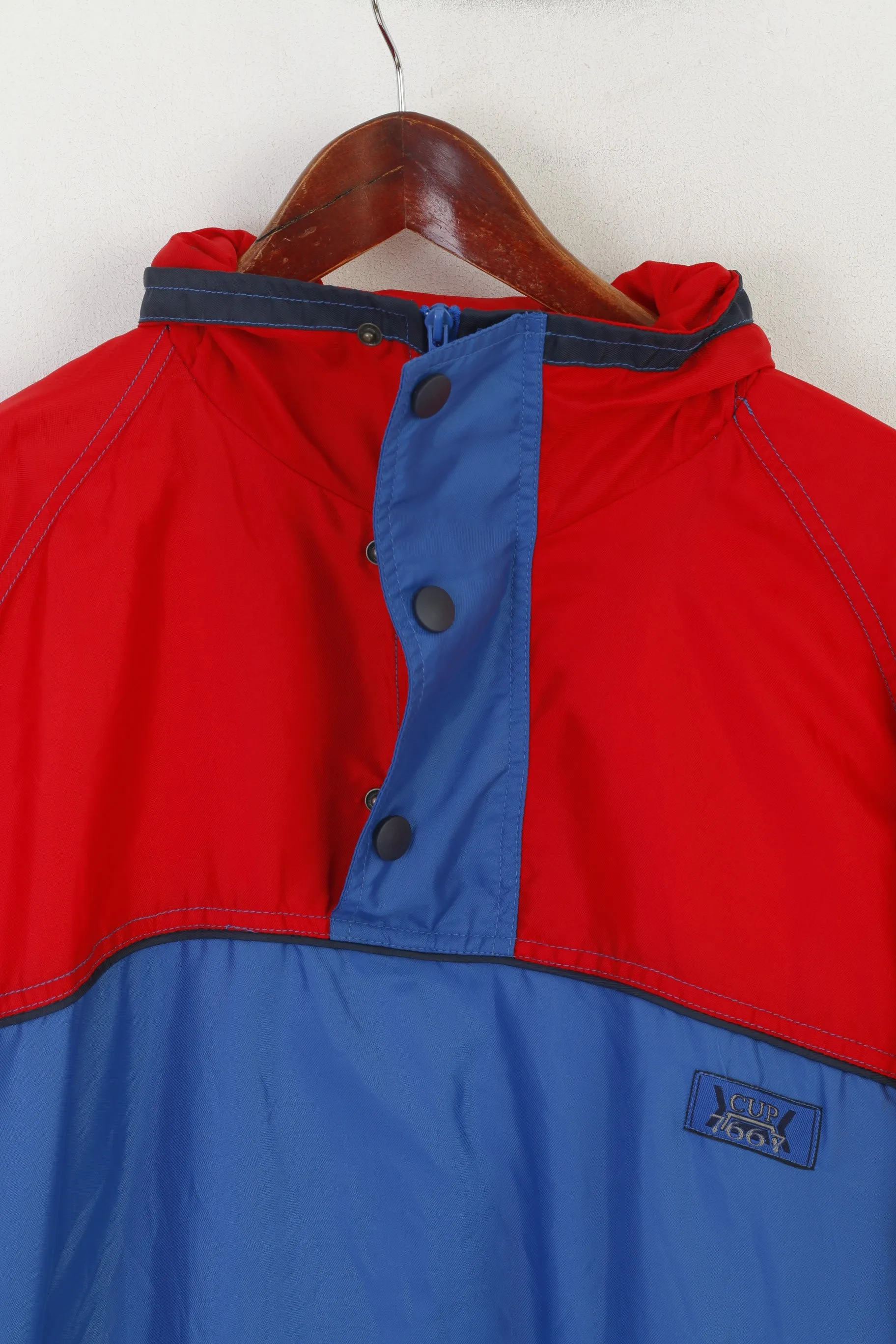 Marcel Clair Men L Pullover Jacket Blue Red Nylon CUP '66 Vintage Hidden Hood Top