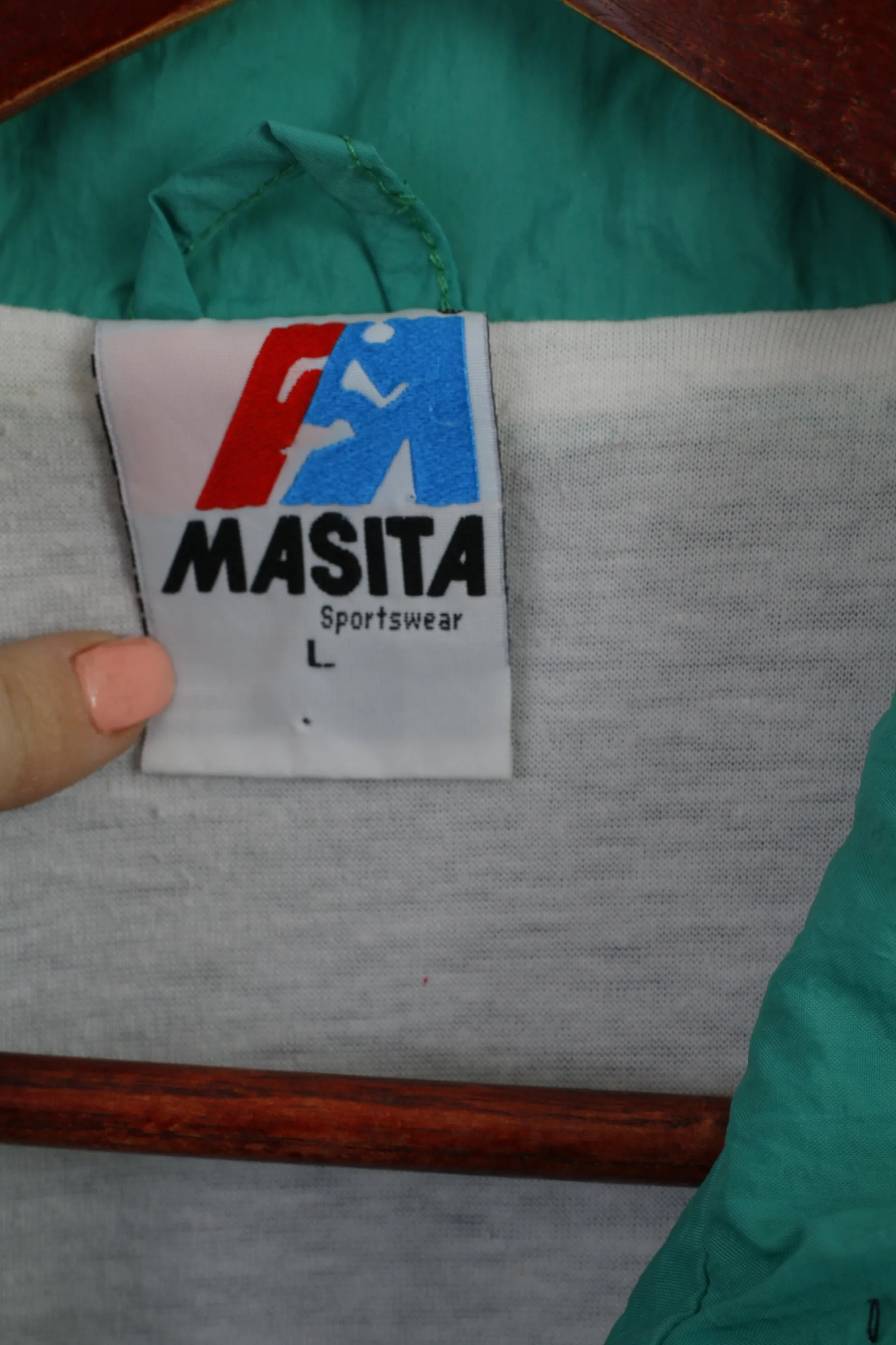 MASITA Men L Jacket Navy Green Sportswear Full Zipper Vintage Nylon Bomber Active Top