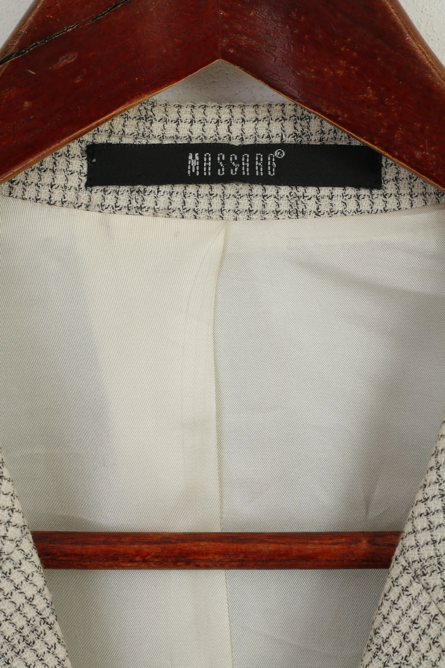 Massaro Men 54 Blazer Cream Checkered Wool Italy Shoulder Pads Single Breasted Jacket