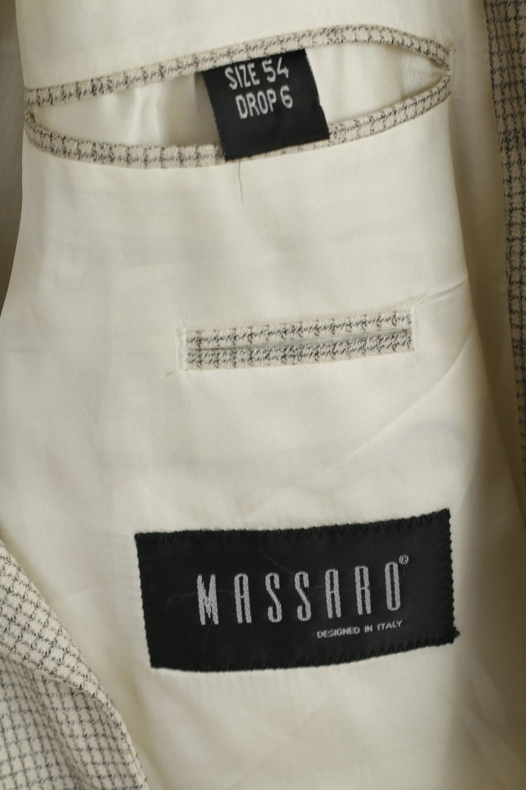 Massaro Men 54 Blazer Cream Checkered Wool Italy Shoulder Pads Single Breasted Jacket