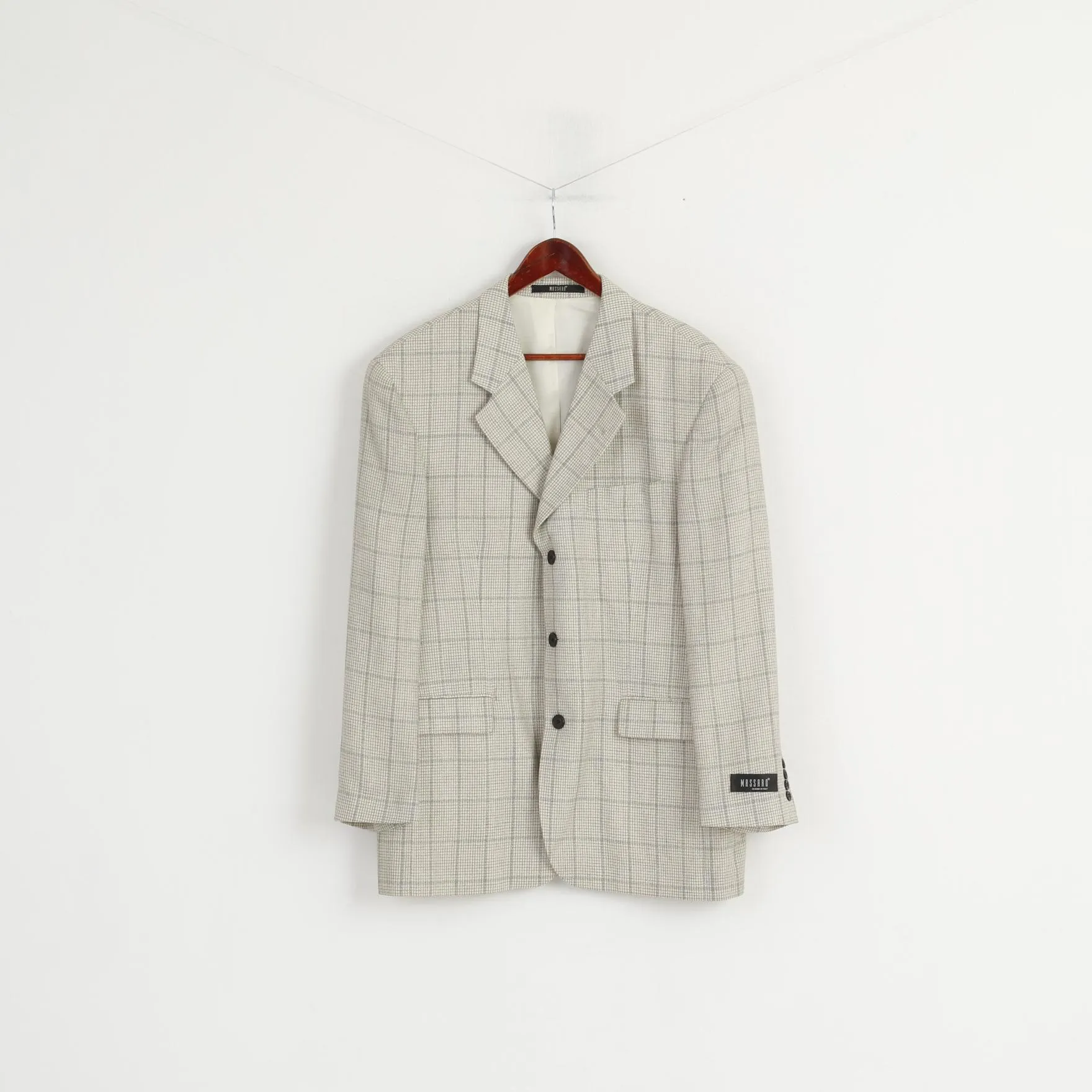 Massaro Men 54 Blazer Cream Checkered Wool Italy Shoulder Pads Single Breasted Jacket