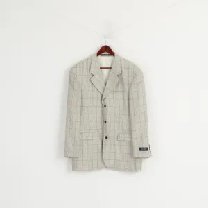 Massaro Men 54 Blazer Cream Checkered Wool Italy Shoulder Pads Single Breasted Jacket