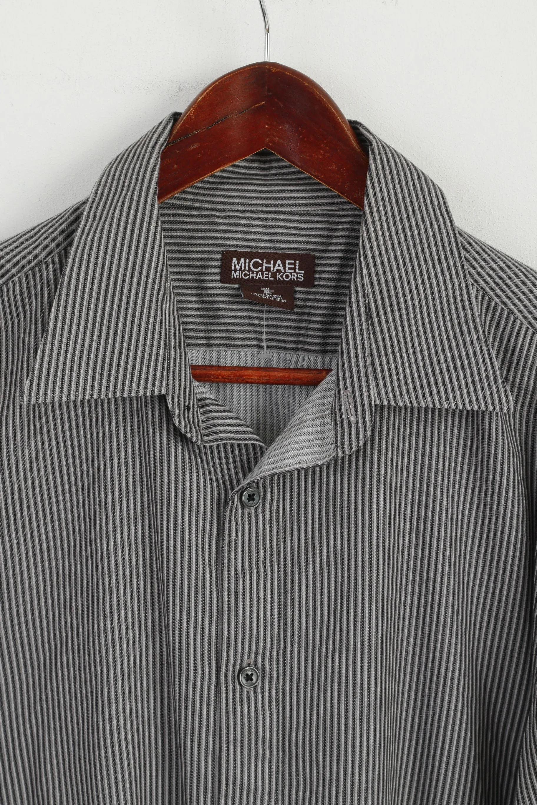 Michael Kors Men XL Casual Shirt Grey Cotton Striped Long Sleeve Detailed Buttons Top