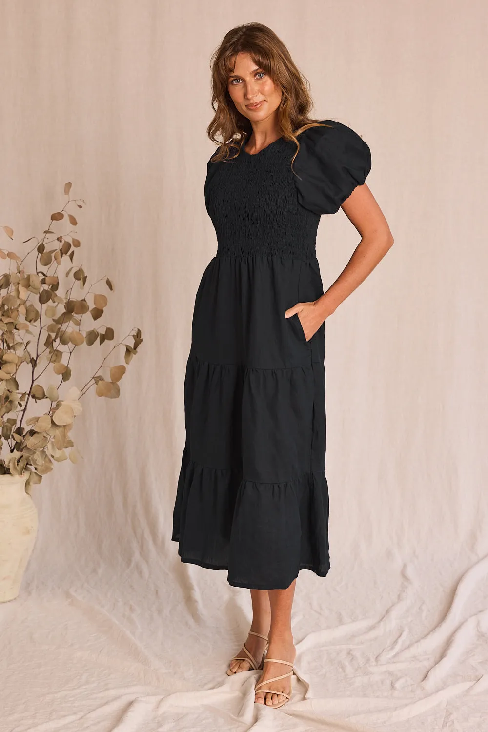 Minden Linen Shirred Short Sleeve Dress in Black Adrift