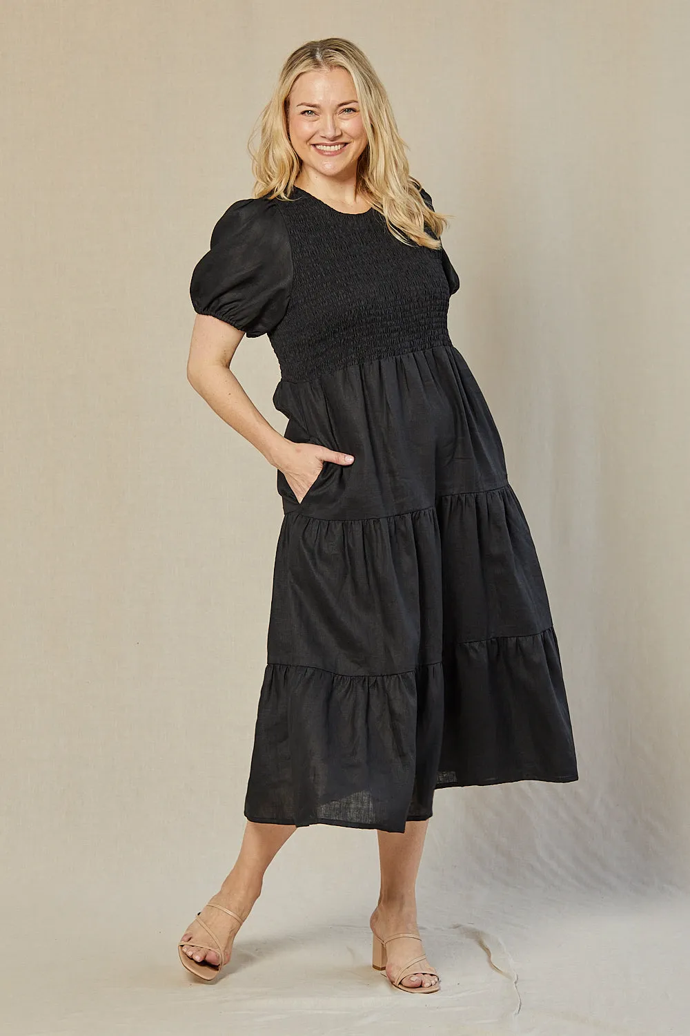 Minden Linen Shirred Short Sleeve Dress in Black Adrift