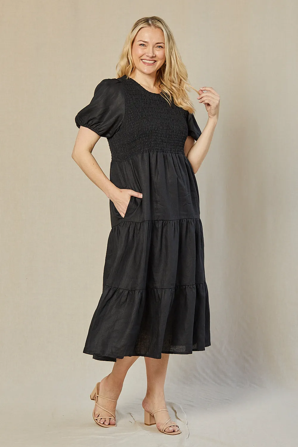 Minden Linen Shirred Short Sleeve Dress in Black Adrift