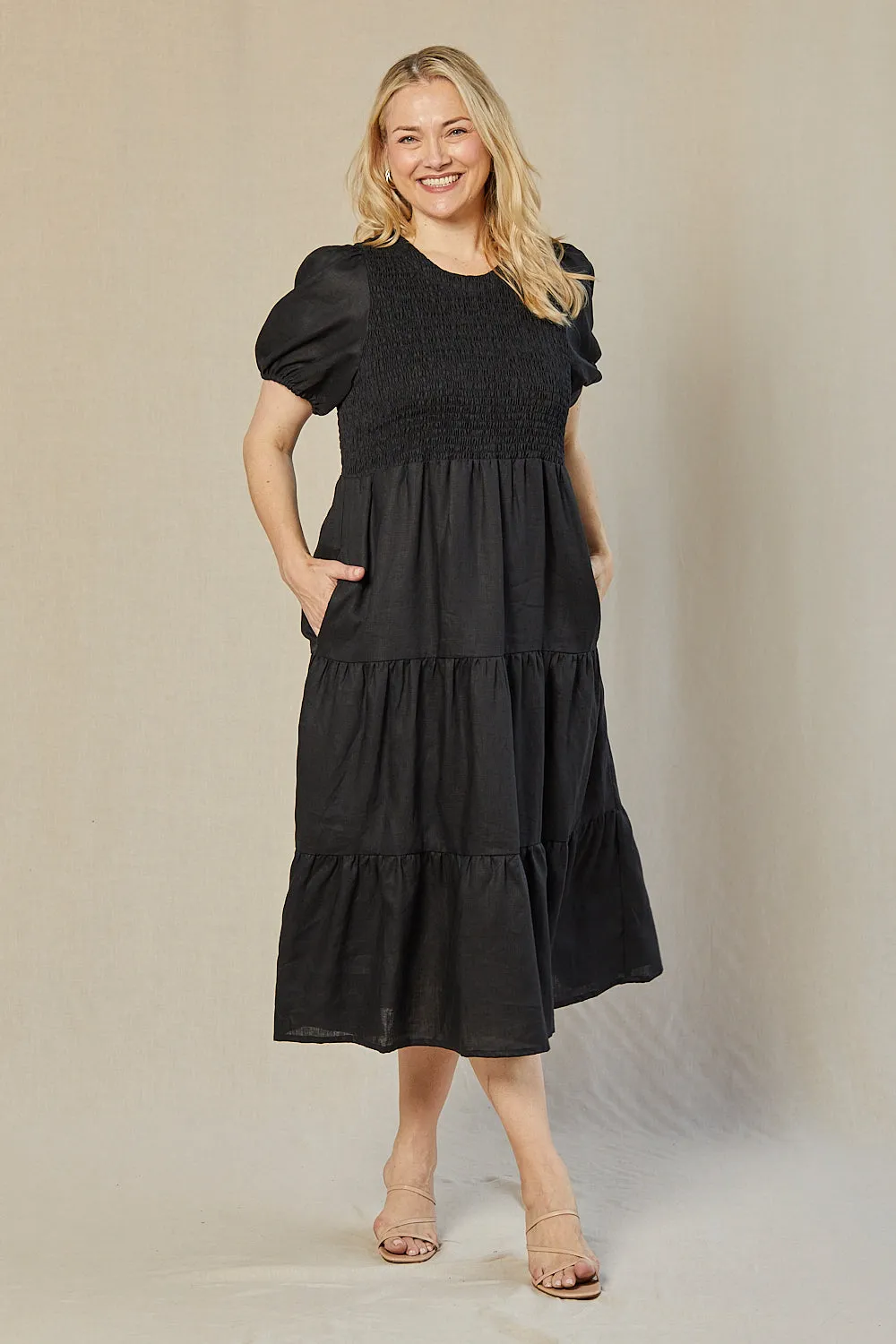 Minden Linen Shirred Short Sleeve Dress in Black Adrift