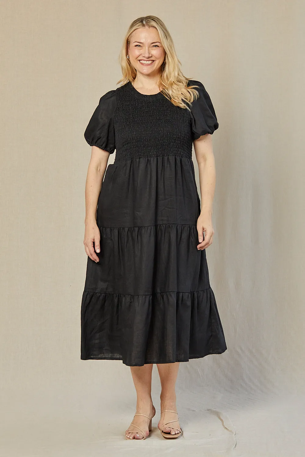 Minden Linen Shirred Short Sleeve Dress in Black Adrift
