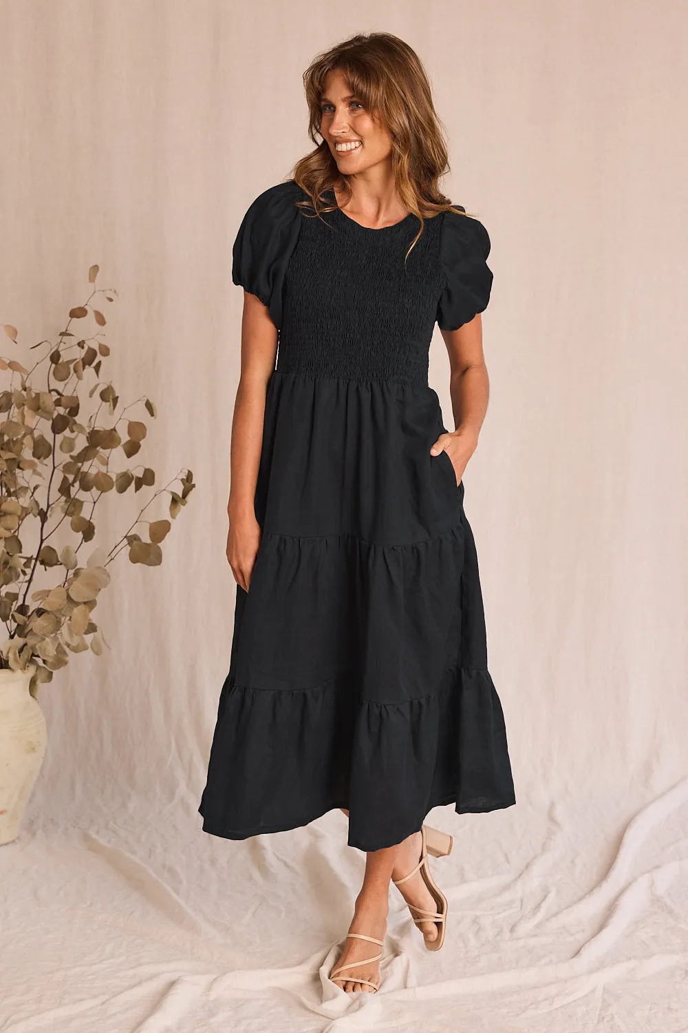 Minden Linen Shirred Short Sleeve Dress in Black Adrift