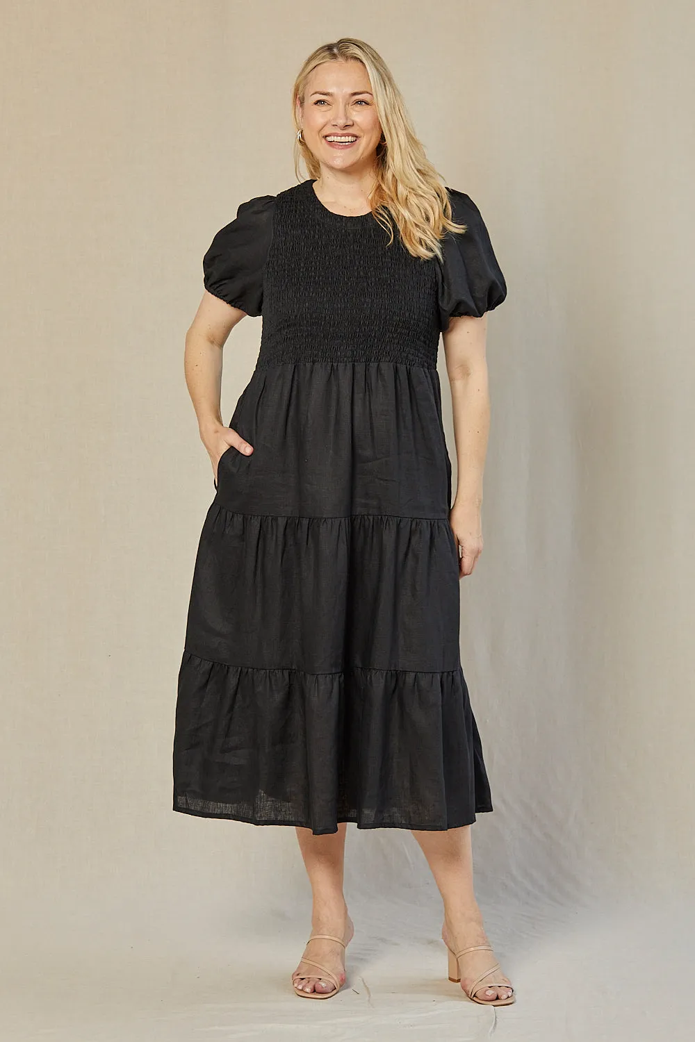 Minden Linen Shirred Short Sleeve Dress in Black Adrift