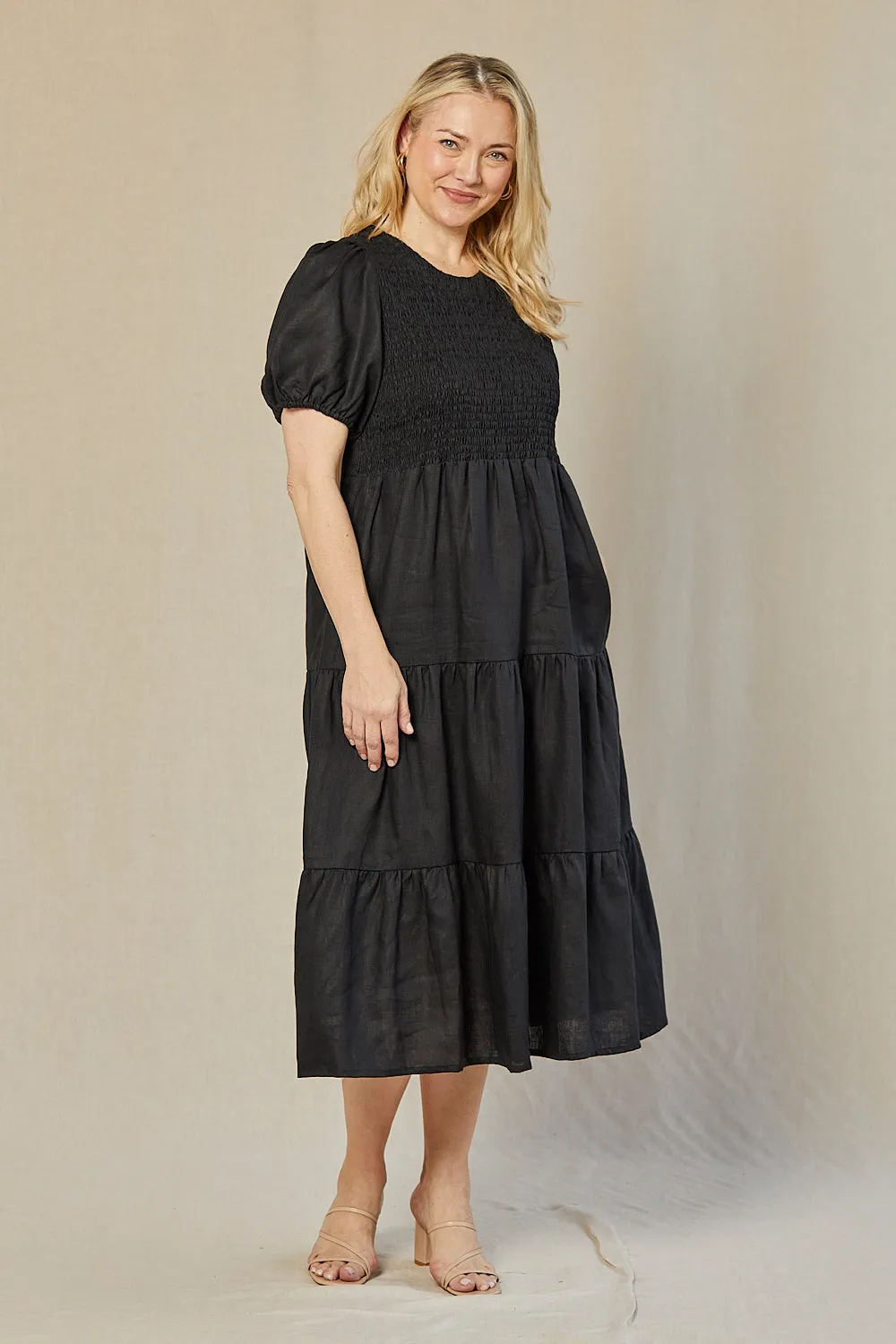 Minden Linen Shirred Short Sleeve Dress in Black Adrift