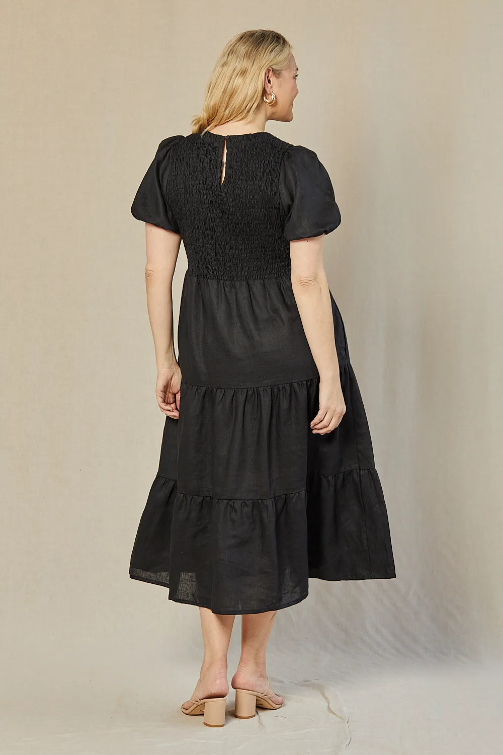 Minden Linen Shirred Short Sleeve Dress in Black Adrift