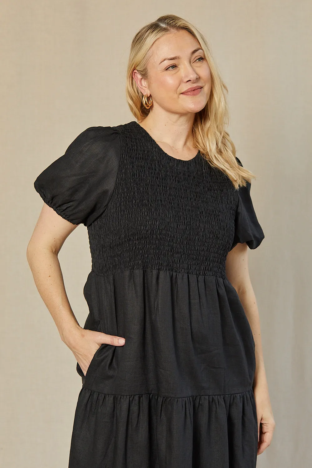 Minden Linen Shirred Short Sleeve Dress in Black Adrift