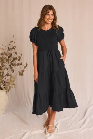 Minden Linen Shirred Short Sleeve Dress in Black Adrift