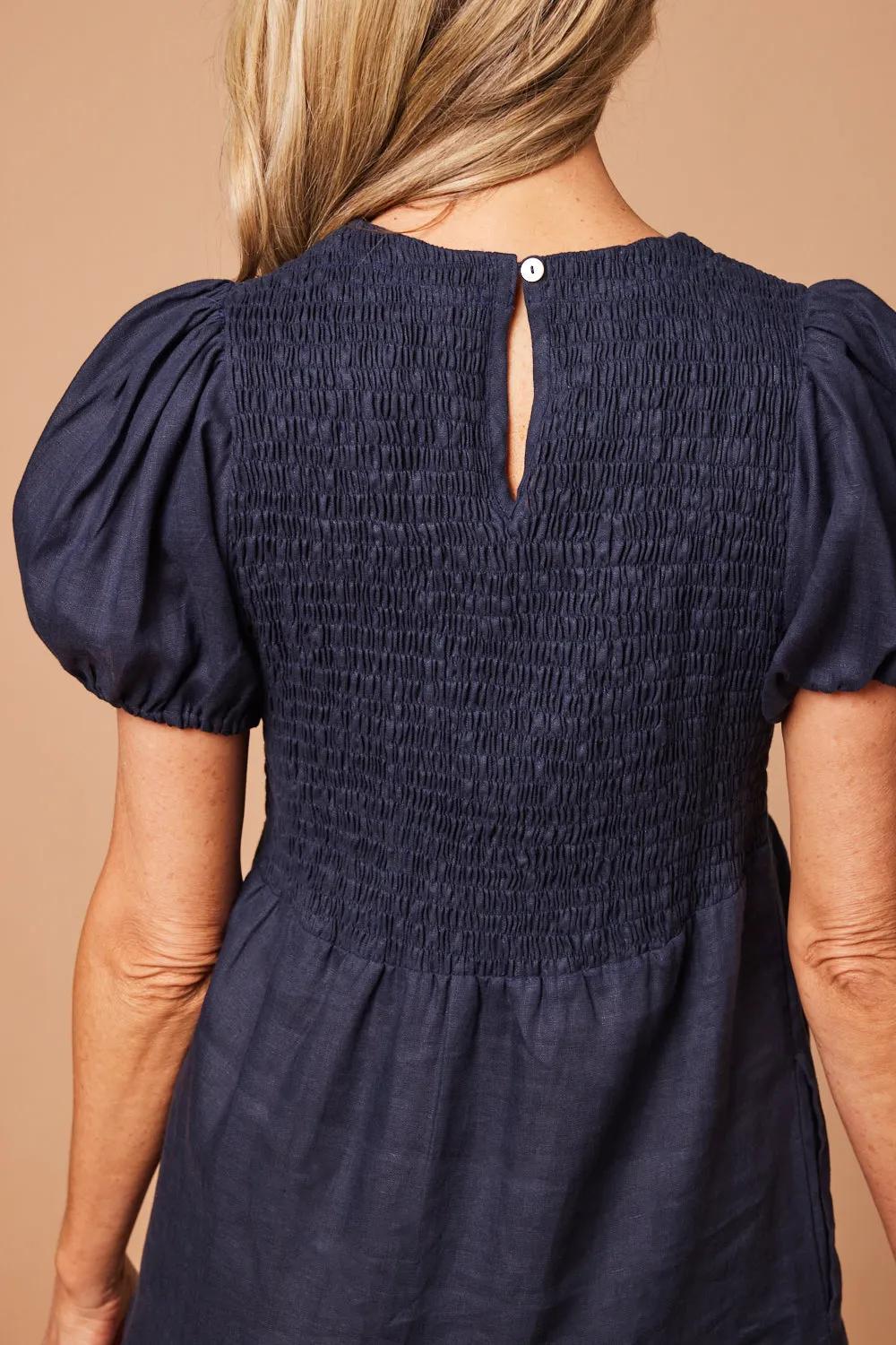 Minden Linen Shirred Short Sleeve Dress in Navy Adrift