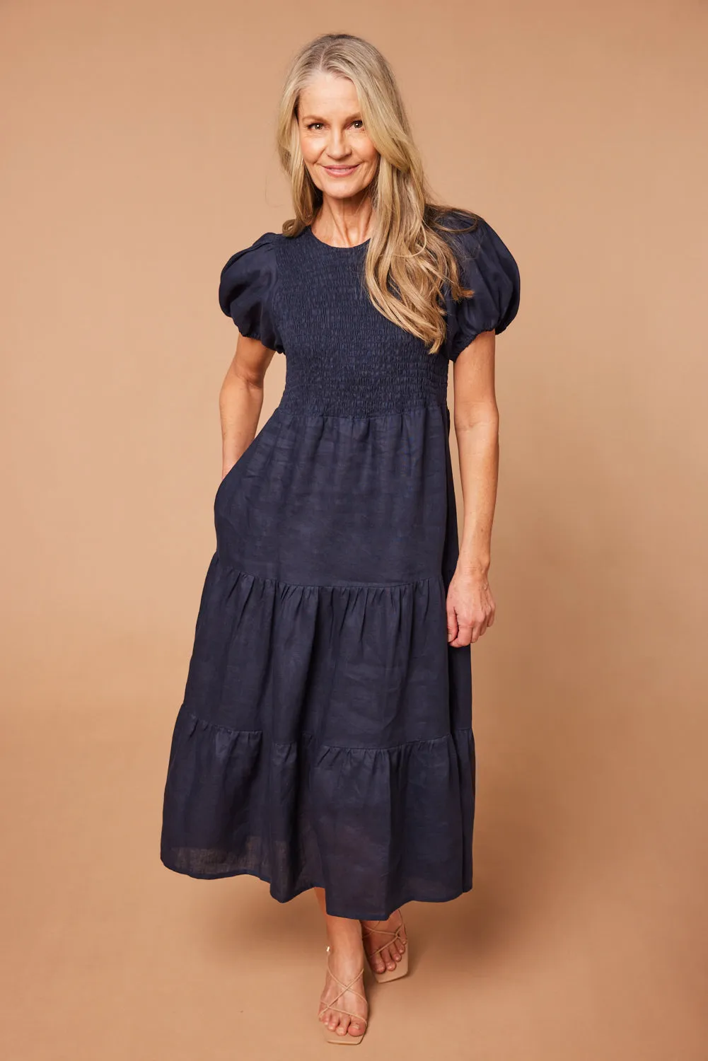 Minden Linen Shirred Short Sleeve Dress in Navy Adrift