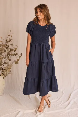 Minden Linen Shirred Short Sleeve Dress in Navy Adrift