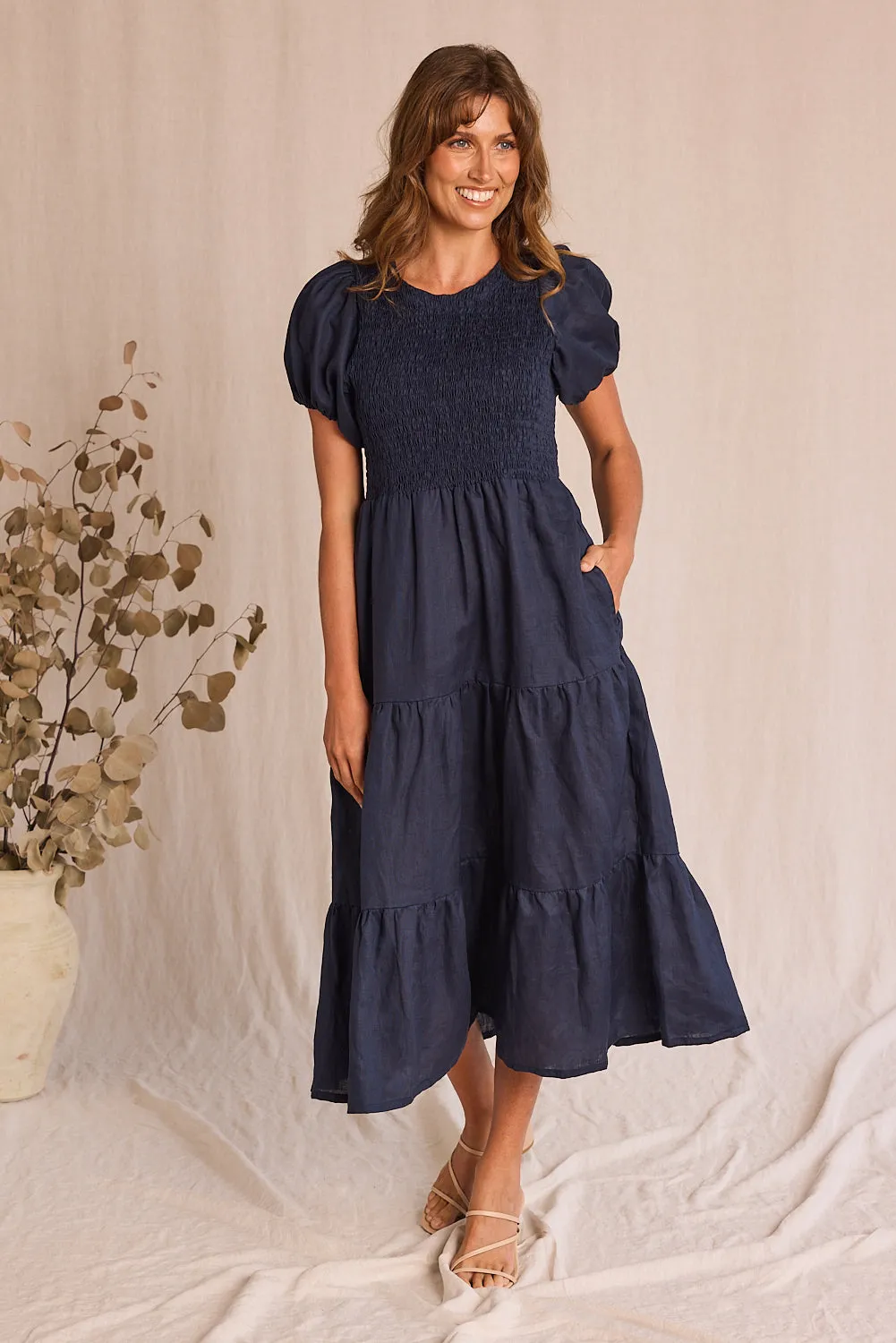 Minden Linen Shirred Short Sleeve Dress in Navy Adrift