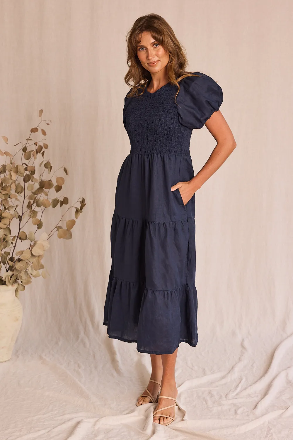 Minden Linen Shirred Short Sleeve Dress in Navy Adrift