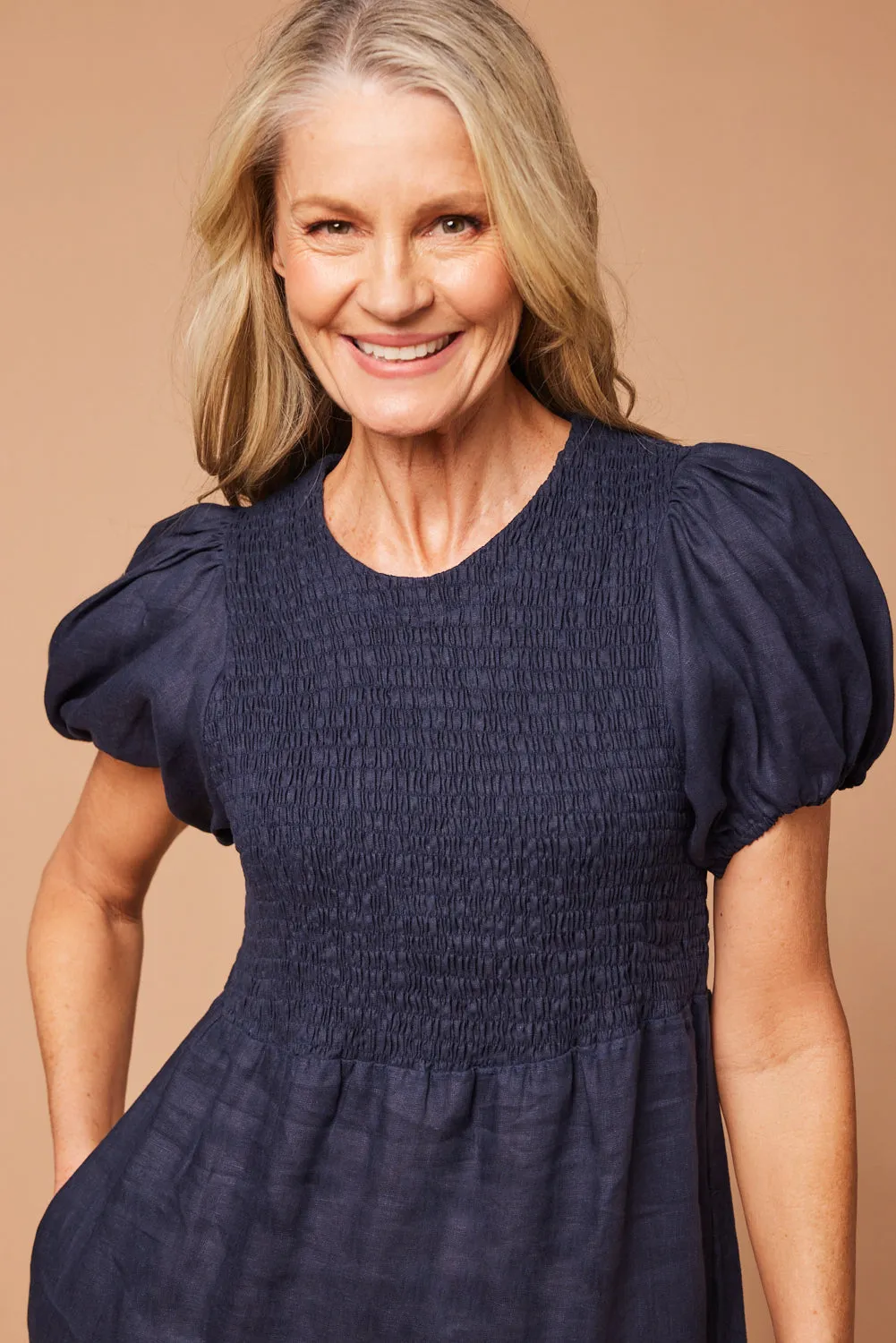 Minden Linen Shirred Short Sleeve Dress in Navy Adrift