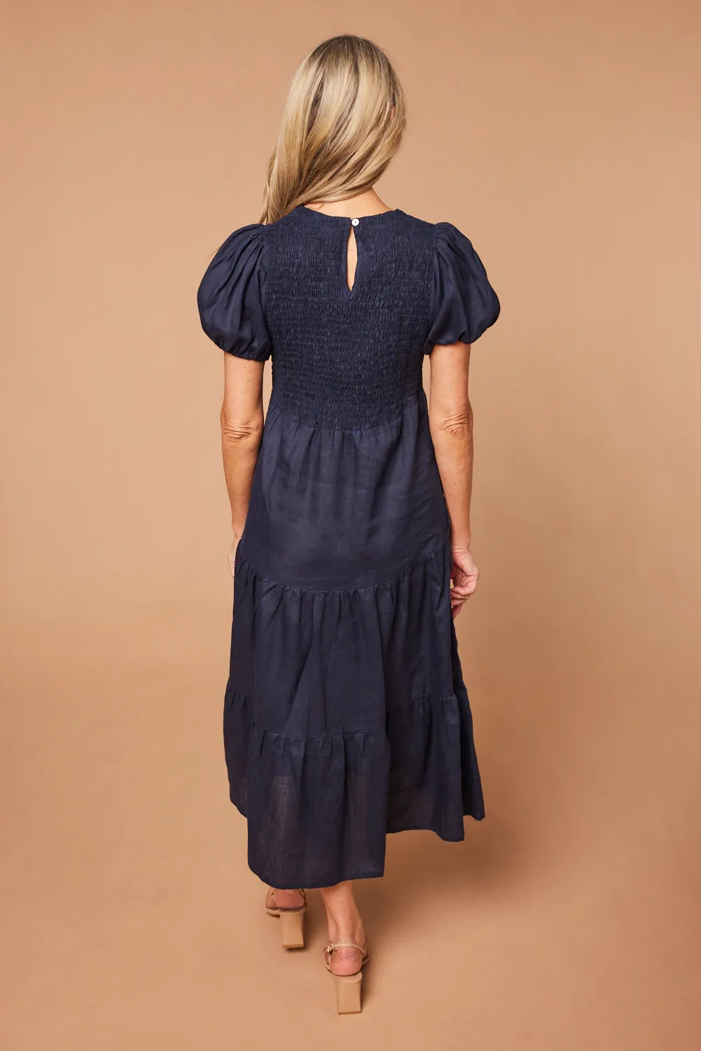 Minden Linen Shirred Short Sleeve Dress in Navy Adrift