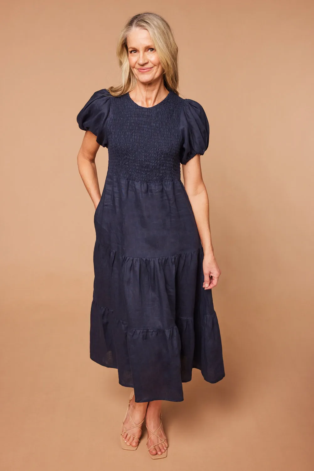 Minden Linen Shirred Short Sleeve Dress in Navy Adrift