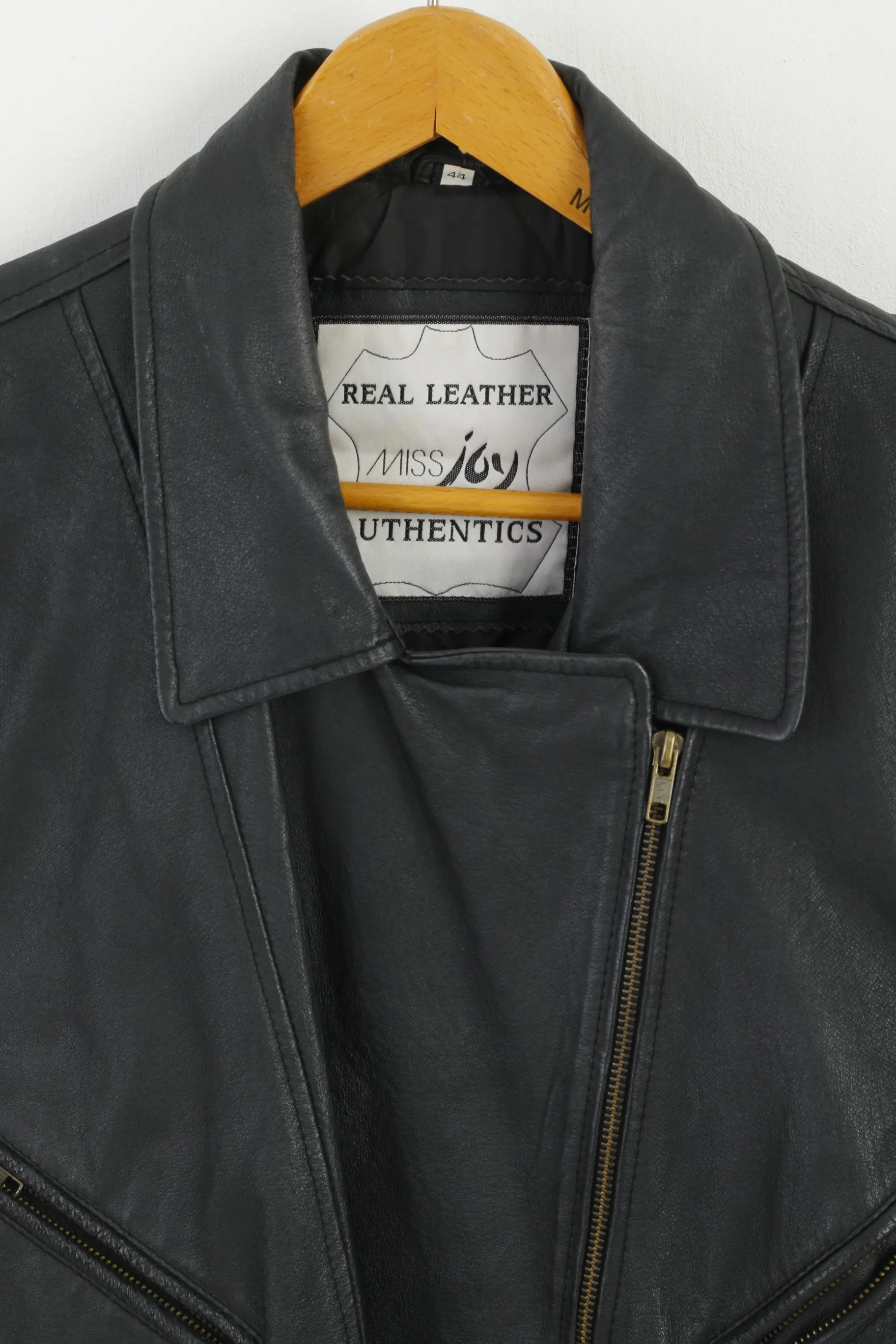 Miss Joy Women 44 Jacket Black  Ramones Leather Full Zipper Vintage Biker Top
