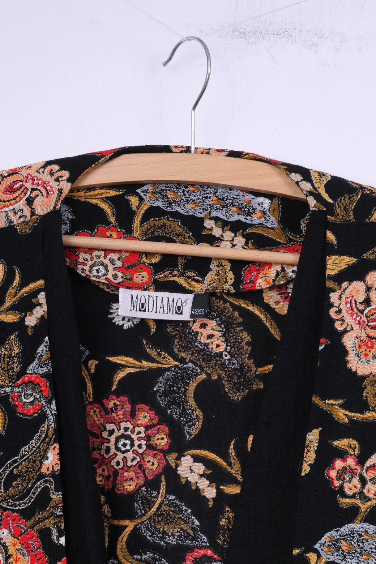 Modiamo Women 48/50 XXL Blazer Black Viscose Shoulder Pads Floral Top