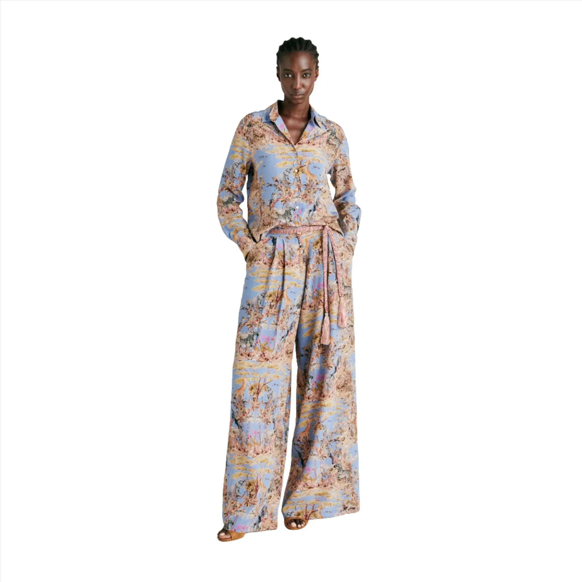 Momoni Women's Patrice Blue/Multi-color Pant In Crepe De Chine