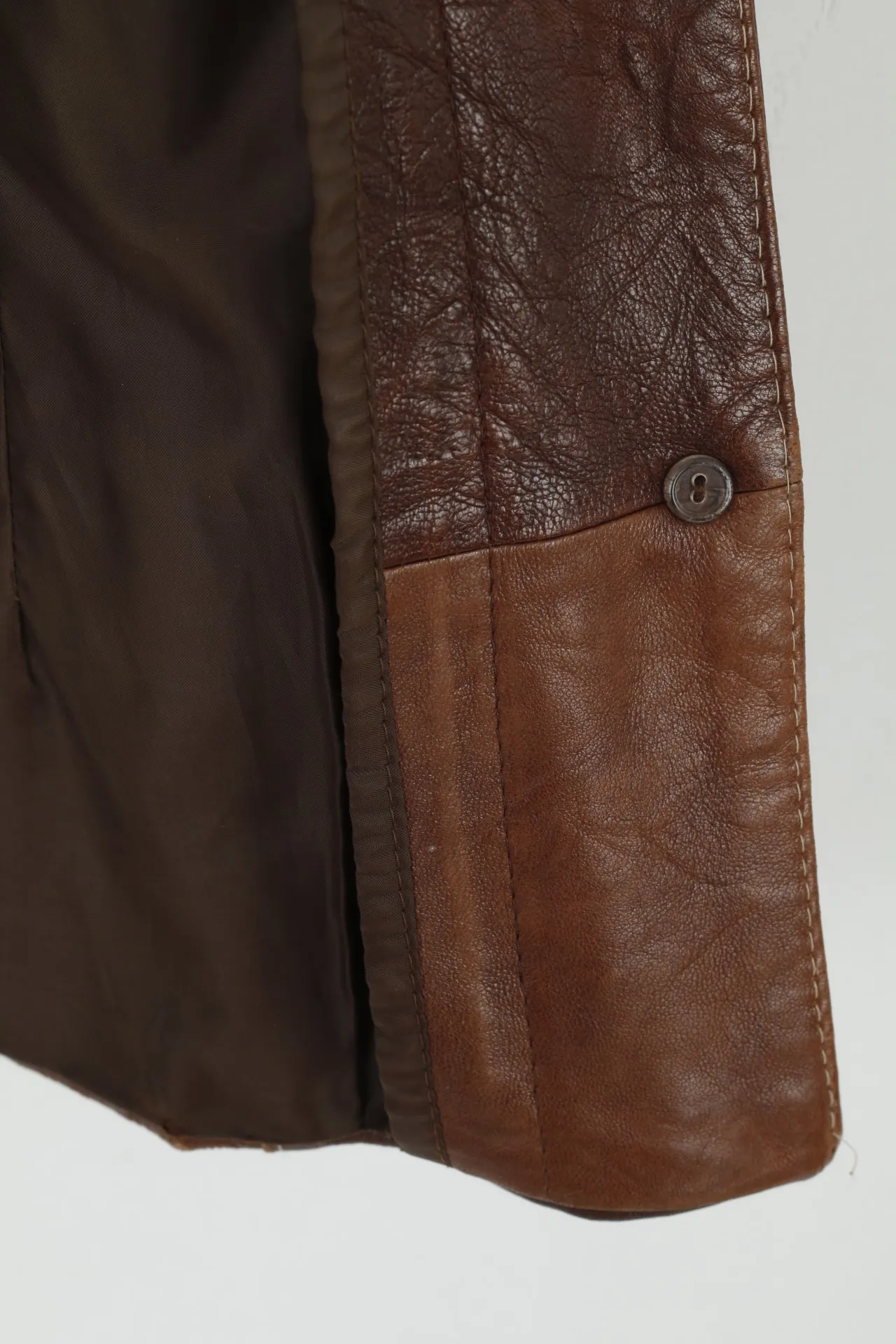 MONICA Women S/M Jacket Brown Leather Buttoned Multi Pockets Blazer Shoulder Pads Top