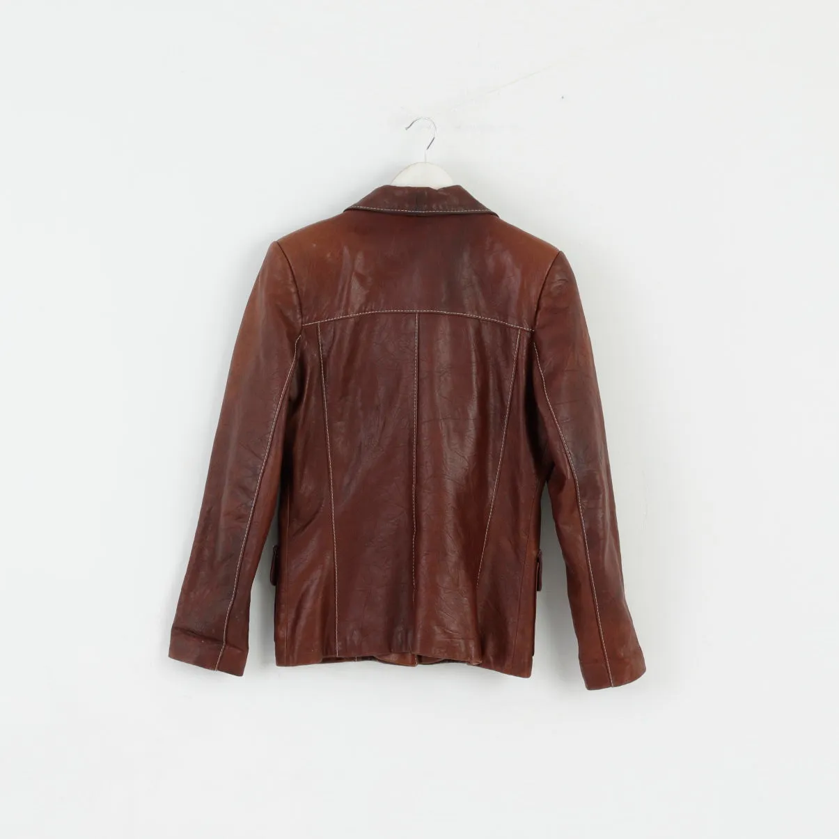MONICA Women S/M Jacket Brown Leather Buttoned Multi Pockets Blazer Shoulder Pads Top