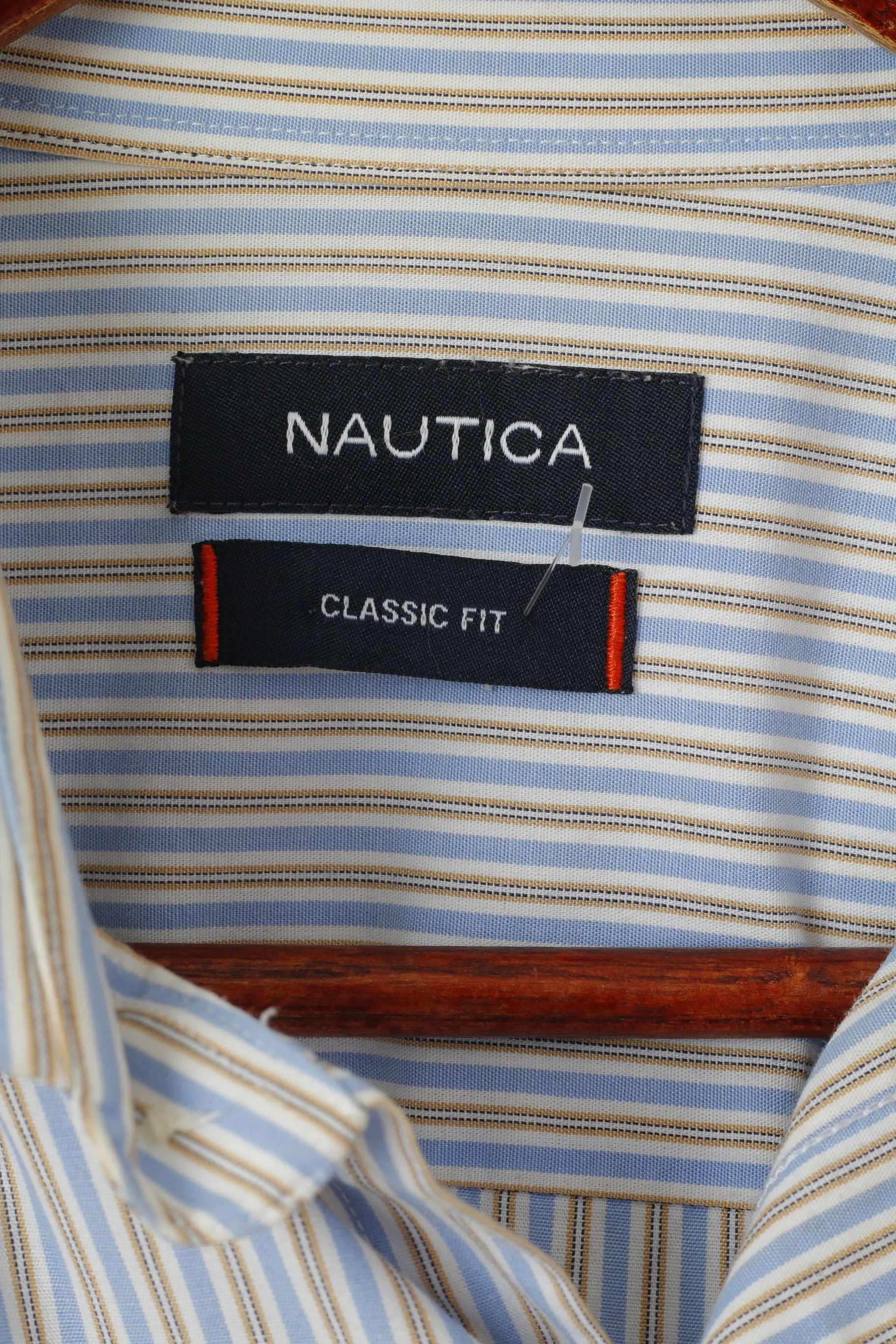 Nautica Men 34/35 16.5 XXL Casual Shirt Blue Striped Cotton Classic Fit Long Sleeve Top