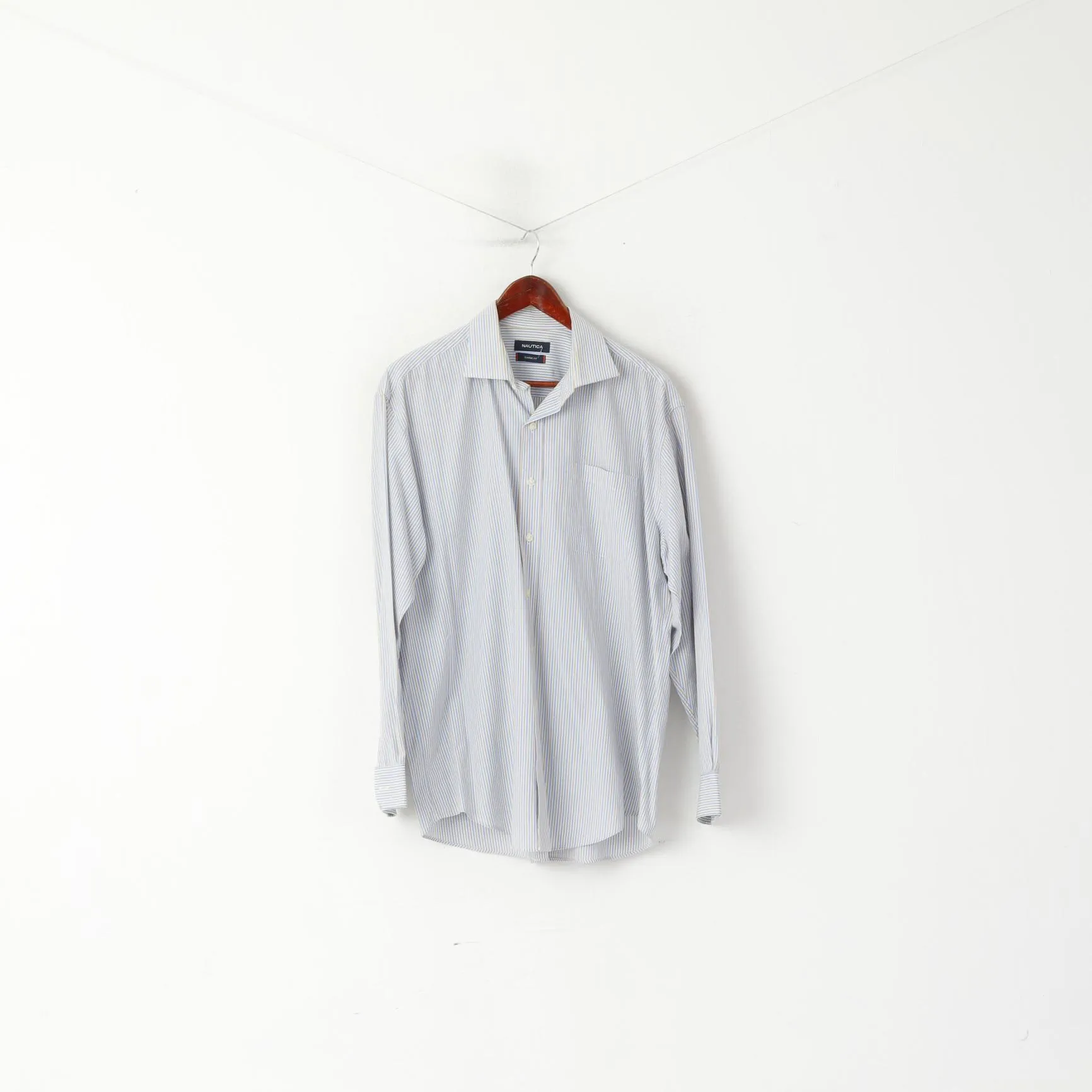 Nautica Men 34/35 16.5 XXL Casual Shirt Blue Striped Cotton Classic Fit Long Sleeve Top