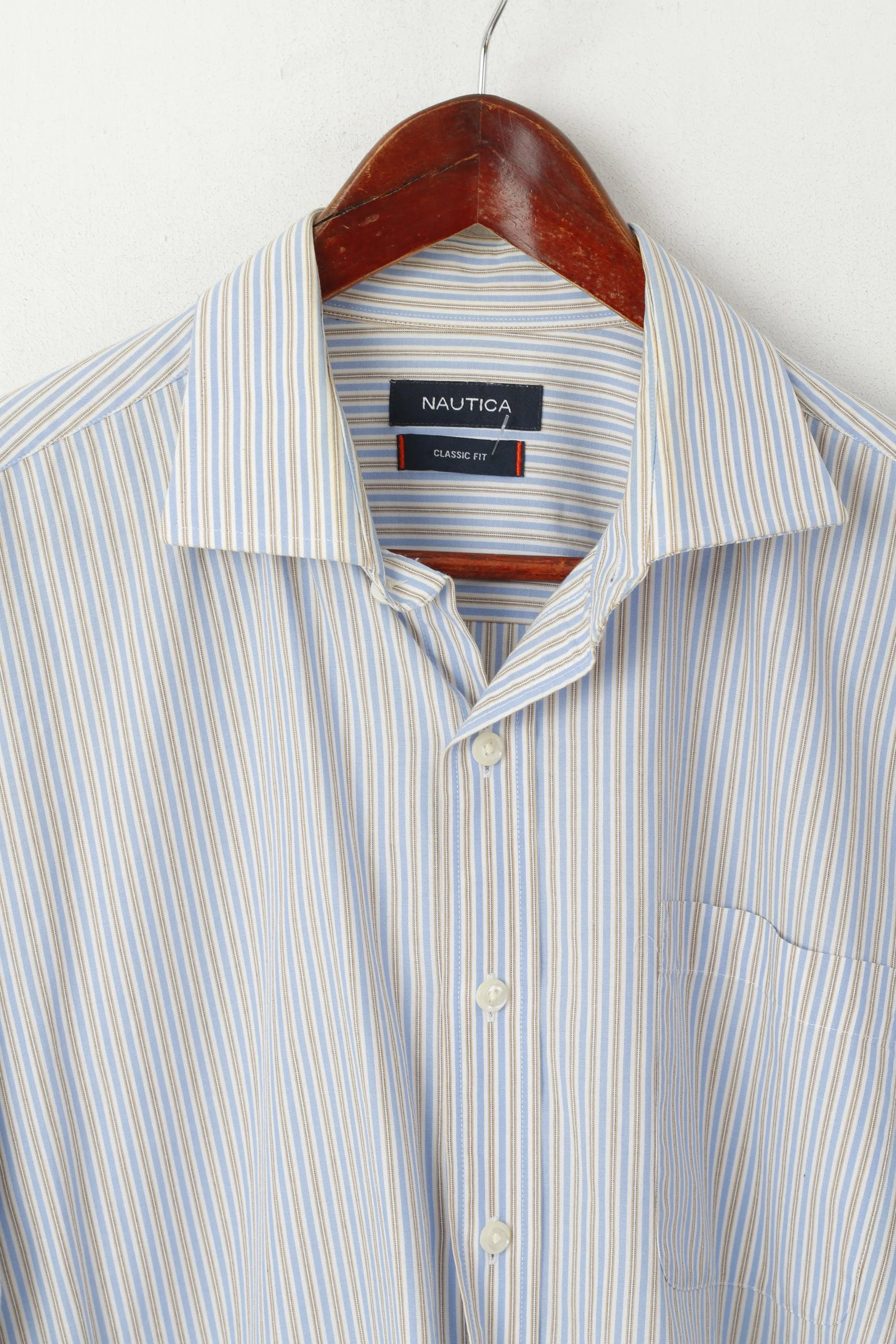Nautica Men 34/35 16.5 XXL Casual Shirt Blue Striped Cotton Classic Fit Long Sleeve Top