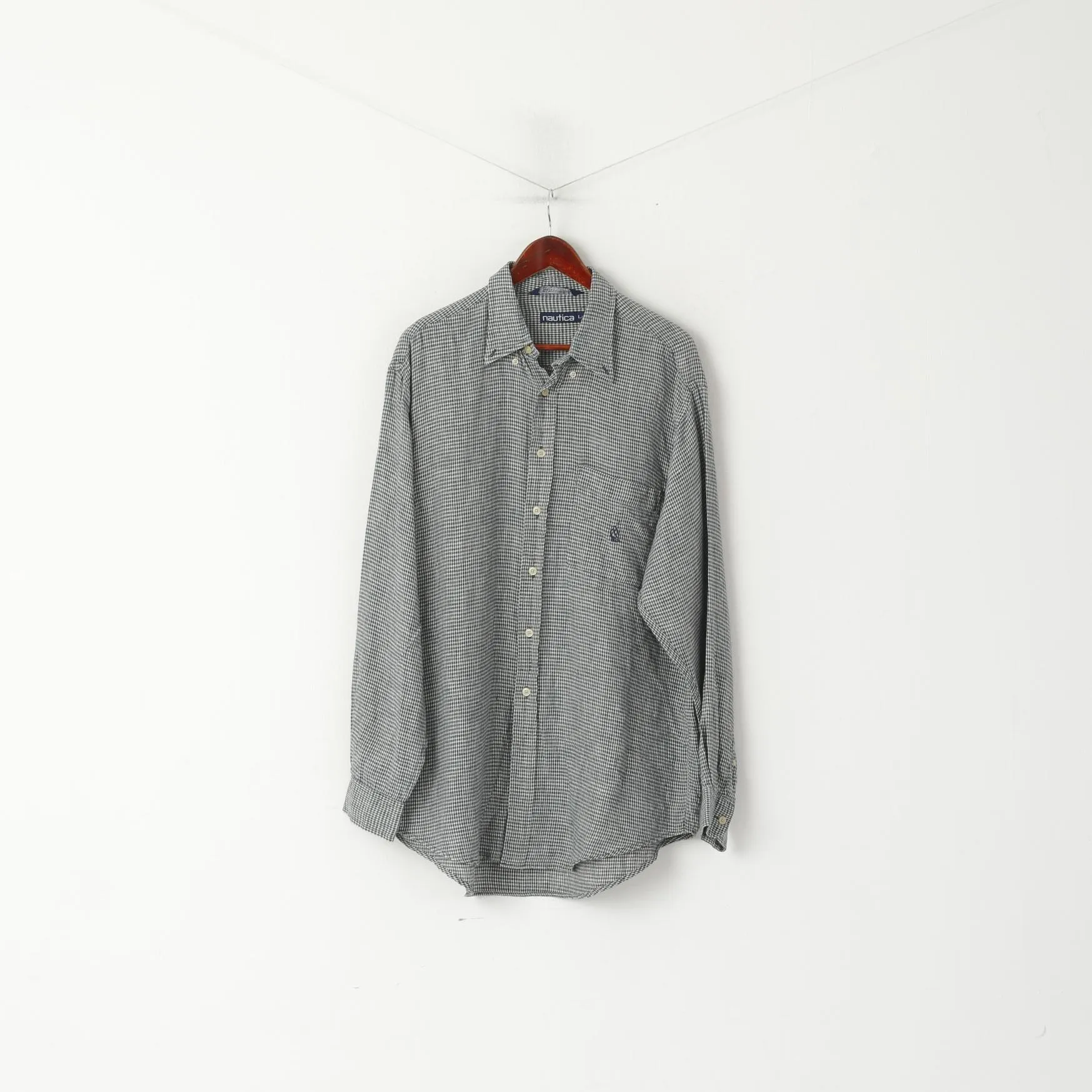 Nautica Men L (XL) Casual Shirt Green Check Vintage Linen Long Sleeve Pocket Top