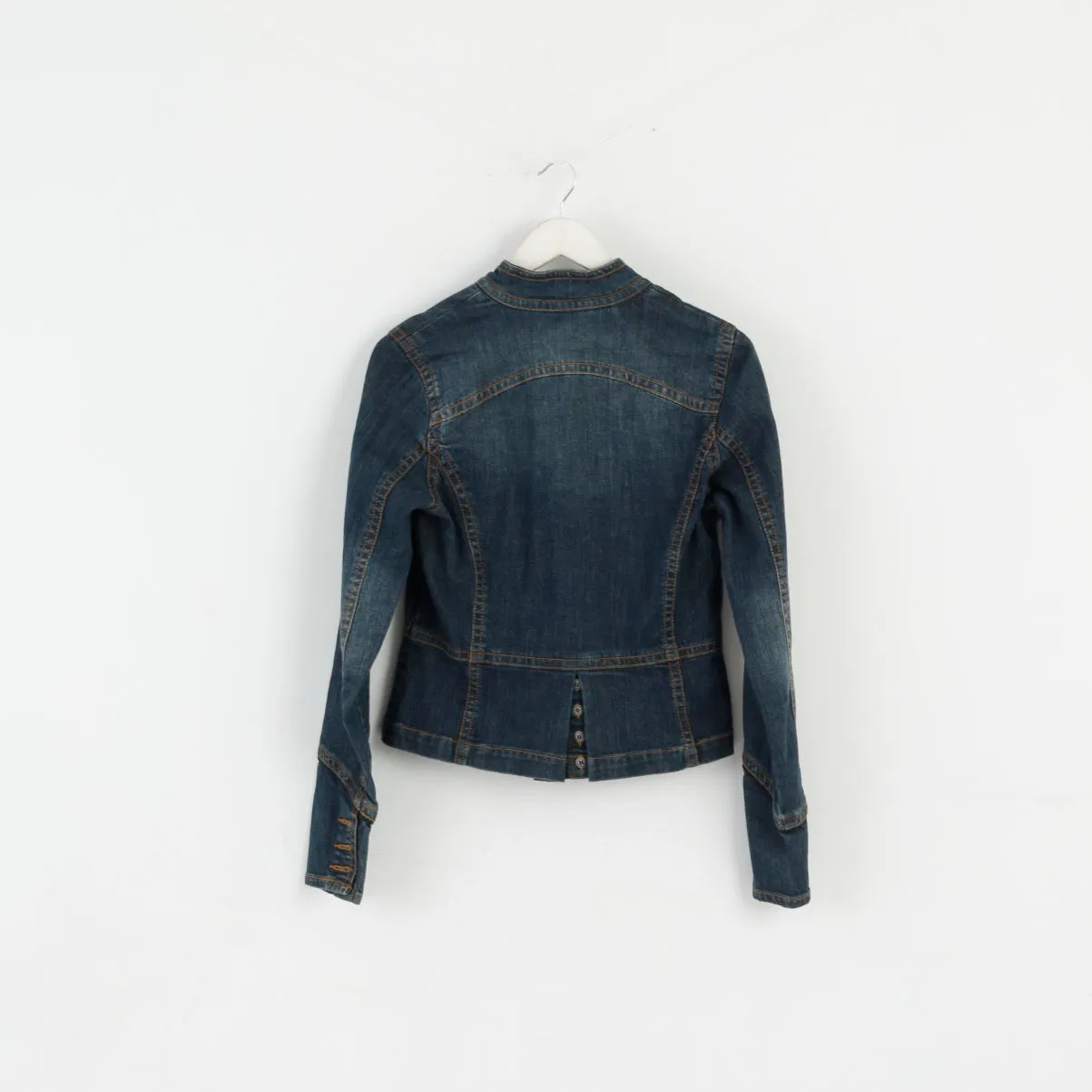 New David Bitton Women L (M) Jacket Navy Denim Cotton Stretch Casual Blazer