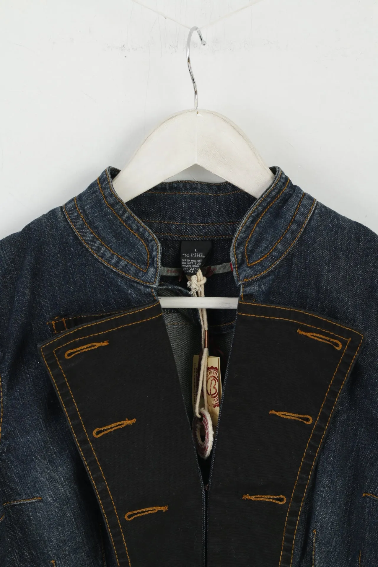 New David Bitton Women L (M) Jacket Navy Denim Cotton Stretch Casual Blazer